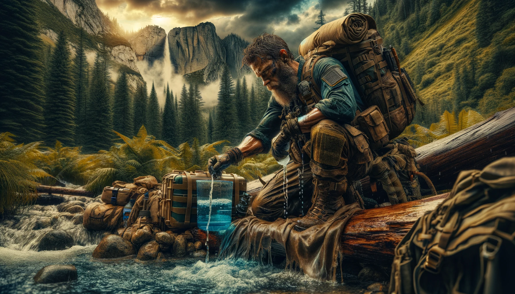 Epic wilderness survival scene with a rugged prepper employing advanced hydration techniques, including dew collection and water purification, in a rich, challenging natural environment, embodying self-reliance, the critical importance of hydration, and the prepper ethos of preparedness and resilience