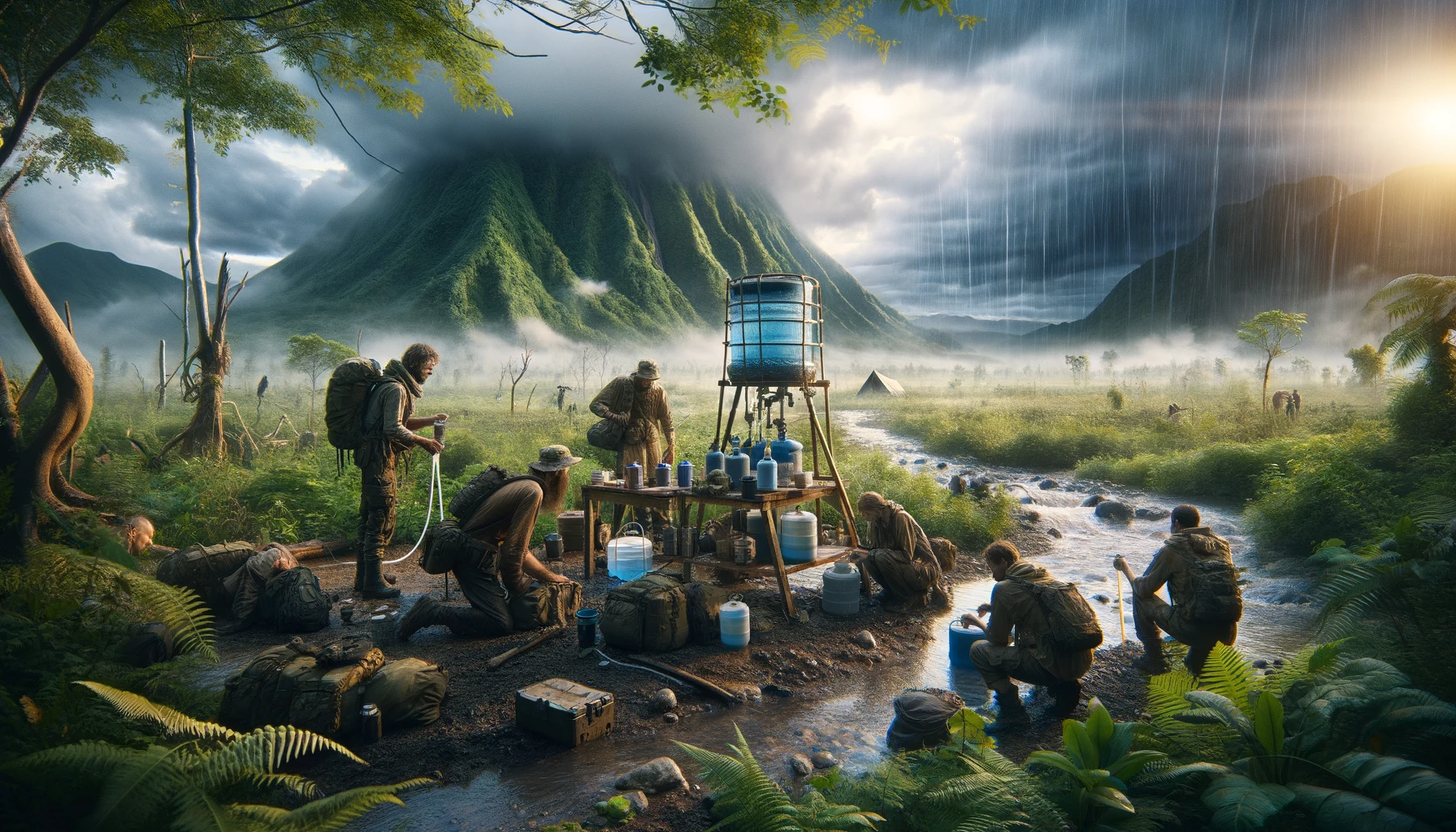 Alt text: "A group of survivalists in a lush, recovered wilderness implements innovative water collection and purification techniques post-apocalypse. They gather around a makeshift rainwater collection system, displaying focused yet hopeful expressions. The thriving environment, with clear signs of regrowth, symbolizes hope and underscores the critical role of hydration in sustaining life, inspiring the prepper community with sustainable survival strategies