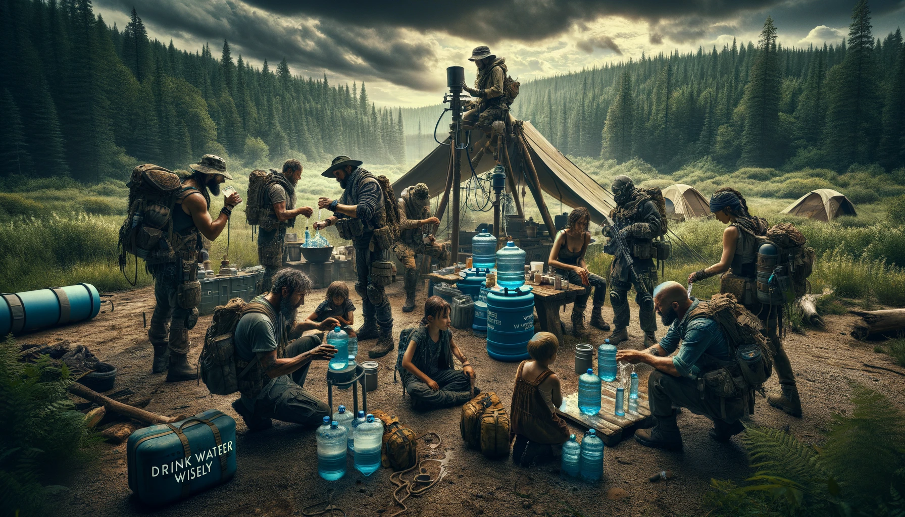 Survivors in a post-apocalyptic world manage their water resources wisely at a campsite, engaging in strategic water consumption practices. Equipped with survival gear including water filters and portable desalination units, they teach the importance of water conservation. The setting blends a secure campsite with untamed nature, symbolizing human resilience and the need for harmony with nature, emphasizing the critical message of drinking water wisely in survival situations