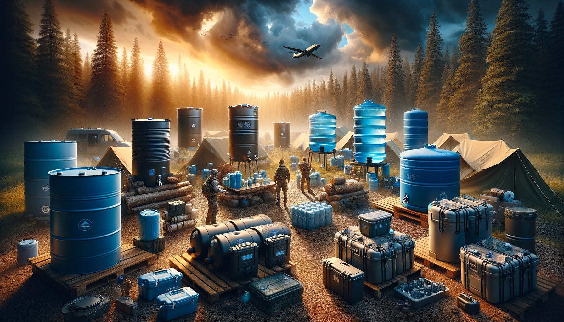 Dynamic outdoor survival camp scene with experts evaluating a range of water storage containers for long-term use, from heavy-duty barrels to stainless steel tanks and collapsible units, against the backdrop of a wilderness at sunset, emphasizing preparation and self-reliance