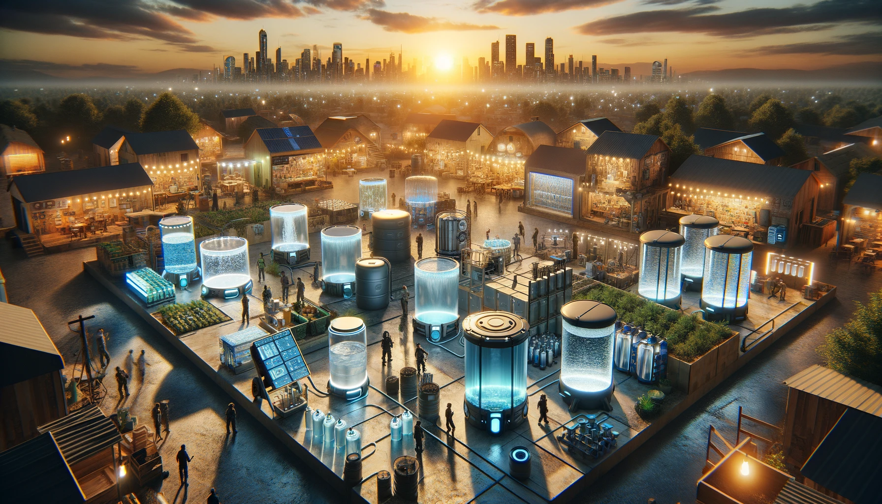 Futuristic survival community with innovative water storage solutions, including collapsible tanks, smart tanks with purity sensors, and efficient rainwater systems, amidst a diverse, active populace under the warm glow of sunset, symbolizing hope and innovation in water sustainability
