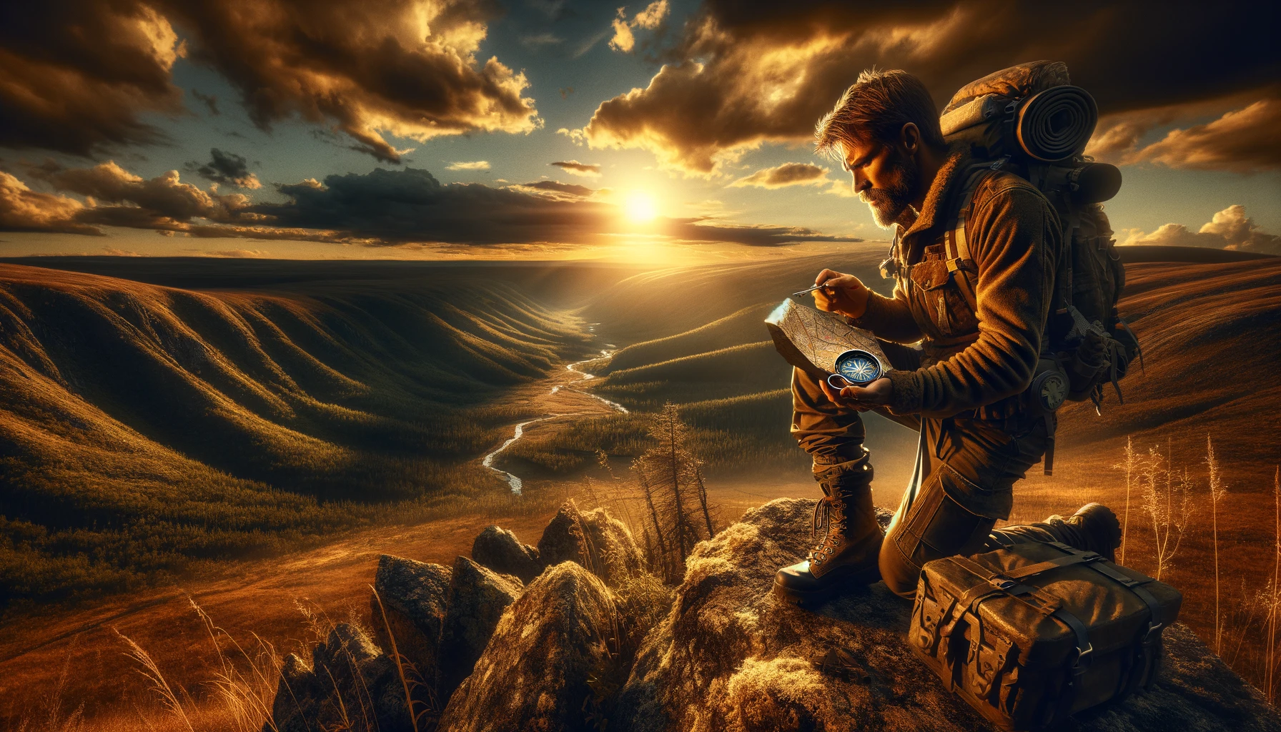 Prepper mastering navigation on a rugged hill at sunset, demonstrating resilience and preparedness in a challenging wilderness, with a compass and map in hand amidst dramatic lighting