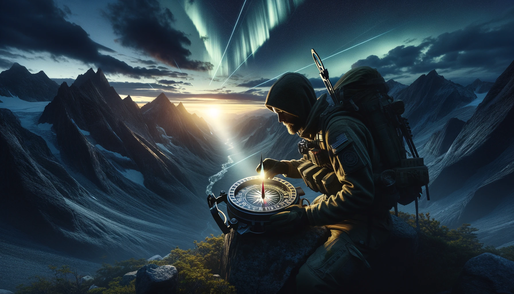 Prepper aligns compass between magnetic north and true north in rugged mountains at dusk, with aurora-like visuals and Polaris's beam guiding, epitomizing precision navigation in wilderness