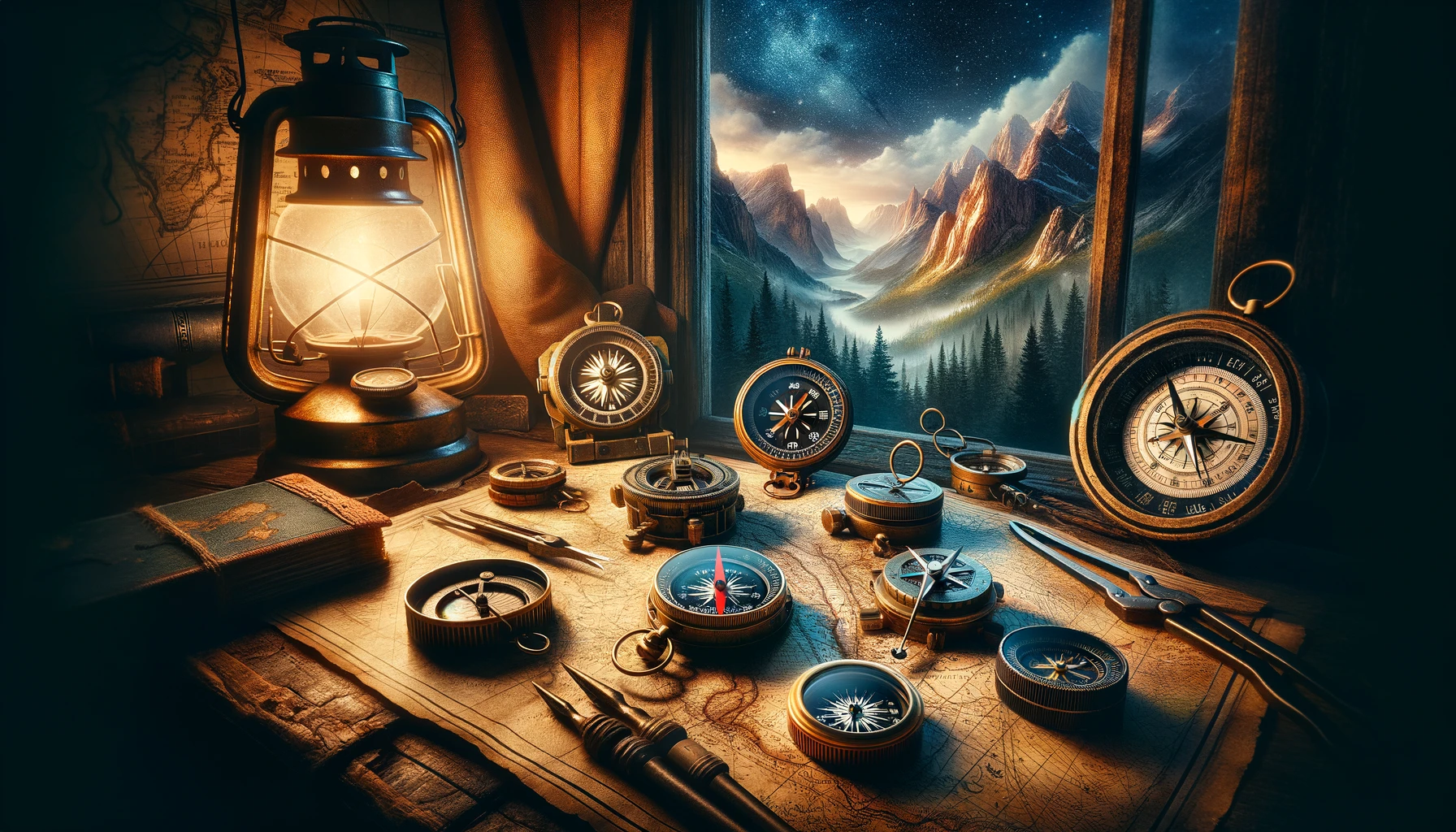Variety of compass types on an ancient map, illuminated by a vintage lantern, with a dramatic landscape visible through a window, showcasing the adventure spirit and the importance of choosing the right navigation tool