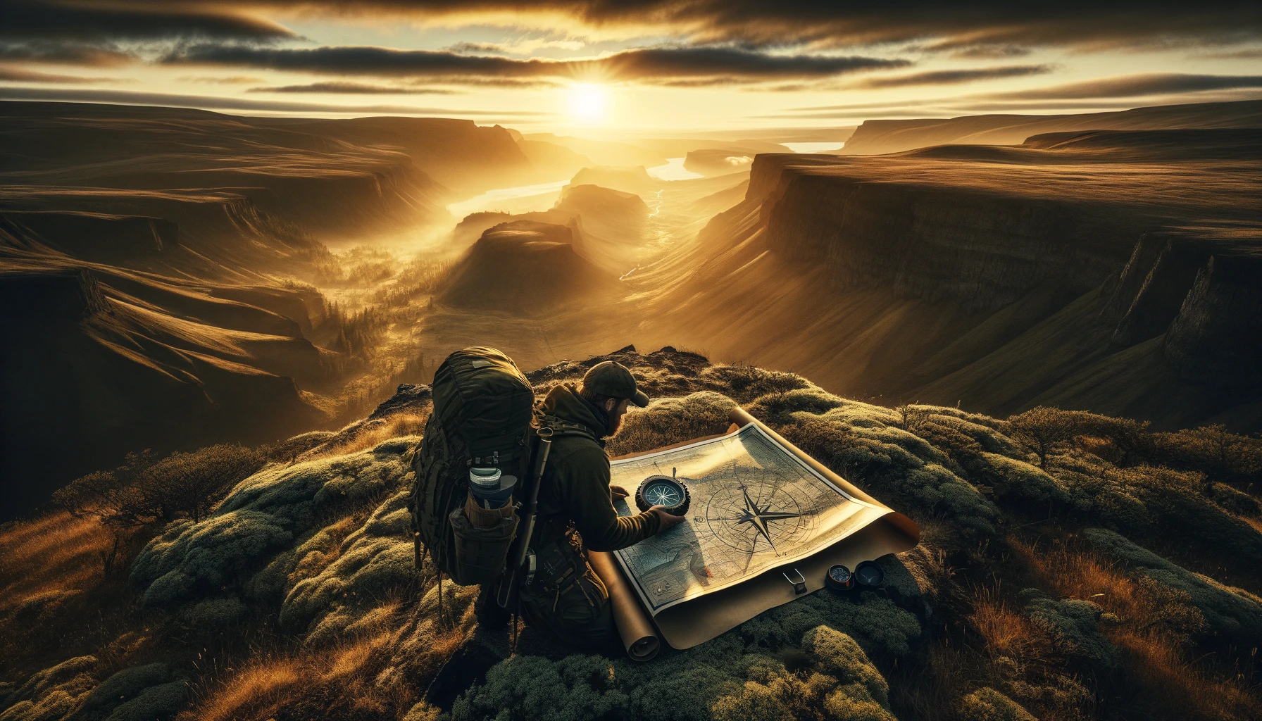 Lone prepper demonstrating orienting and navigating tips at dawn in a vast wilderness, equipped with a compass and topographic map, emphasizing skill, preparation, and respect for nature