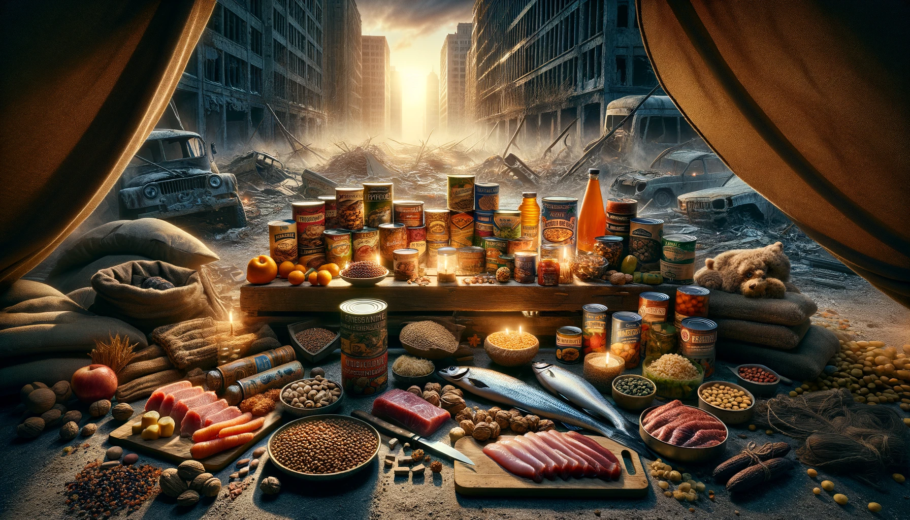 Post-apocalyptic survival scene with nutrient-dense foods and makeshift shelter, emphasizing preppers' resilience and preparedness, set in a devastated urban landscape with dramatic lighting and a focus on survival instinct