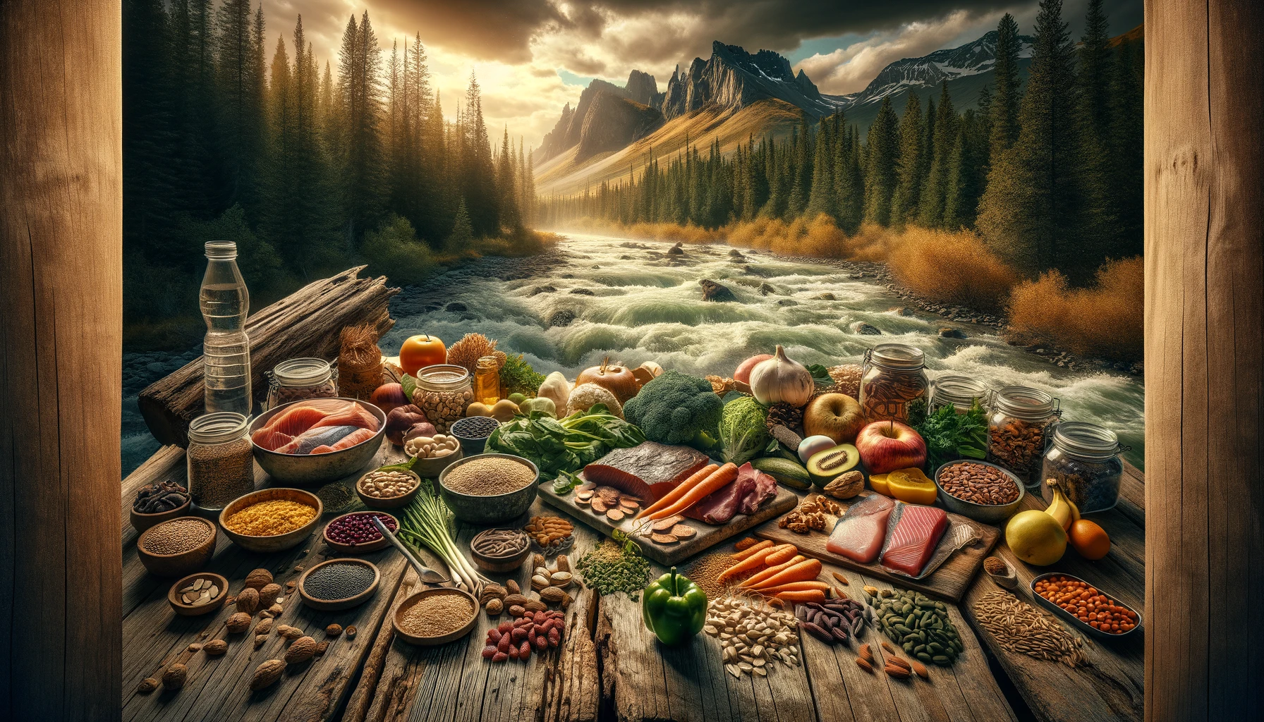 Rustic, survivalist scene with a balanced array of nutritional foods on a wooden table, set against a backdrop of a flowing river, dense forests, and mountains, highlighted by golden hour lighting, symbolizing the journey to nutritional survival