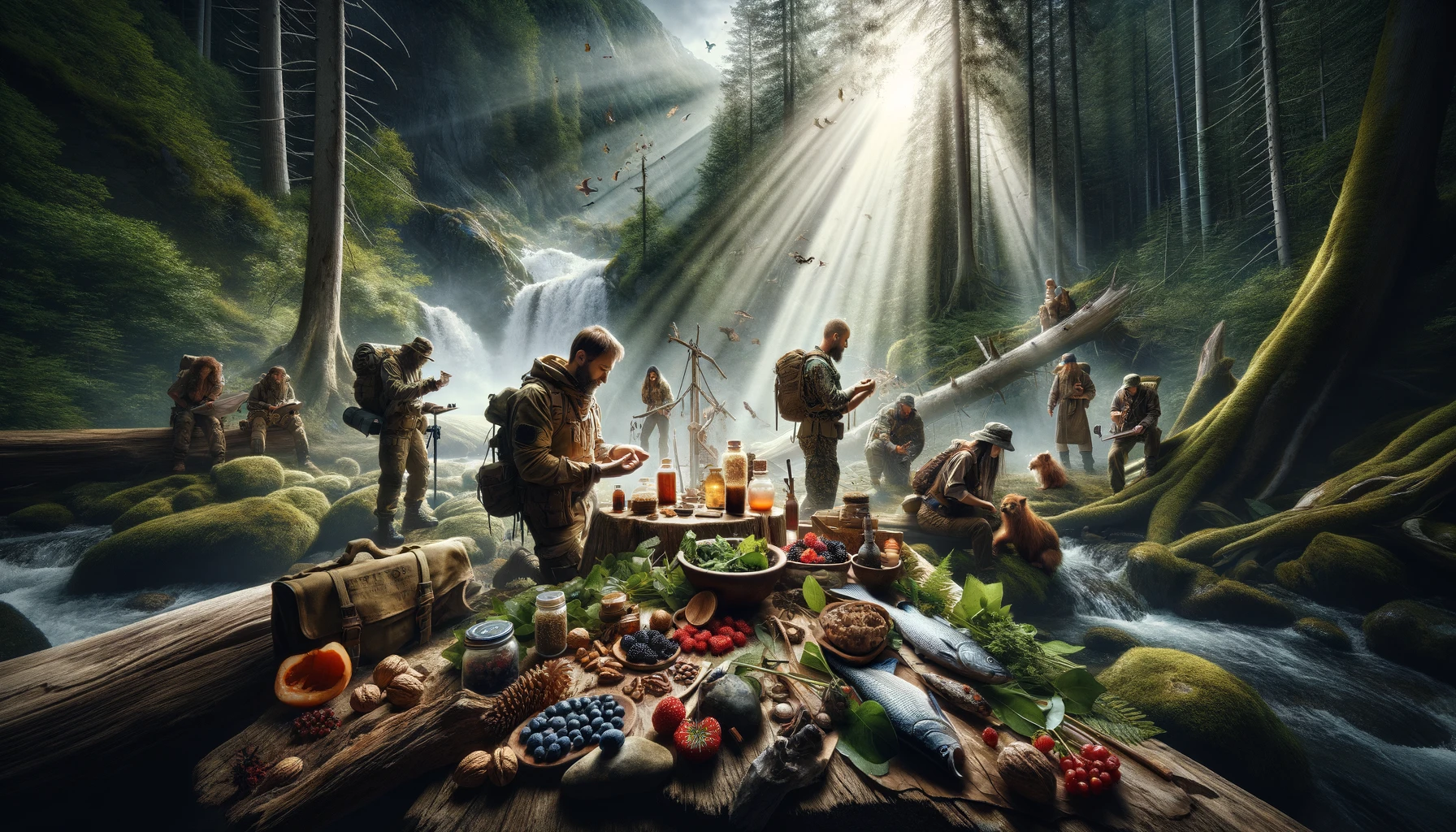 Wilderness survival scene with individuals gathering diverse natural foods to overcome nutrient deficiencies, set in a rich forest environment with dynamic sunlight highlighting resourcefulness and the bounty of nature
