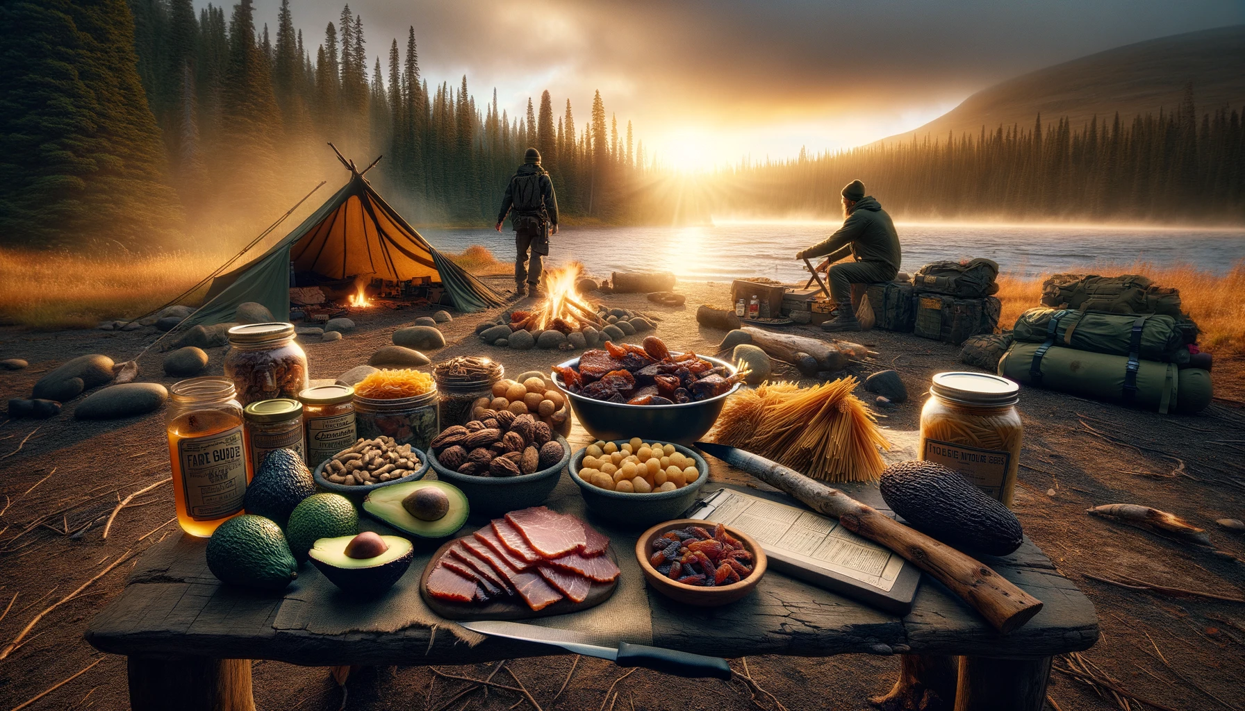 Dawn at a wilderness campsite highlighting the role of fats and carbohydrates in survival diet, with foods like avocados, nuts, seeds, and whole grains near a campfire, embodying energy and endurance in a serene yet rugged landscape