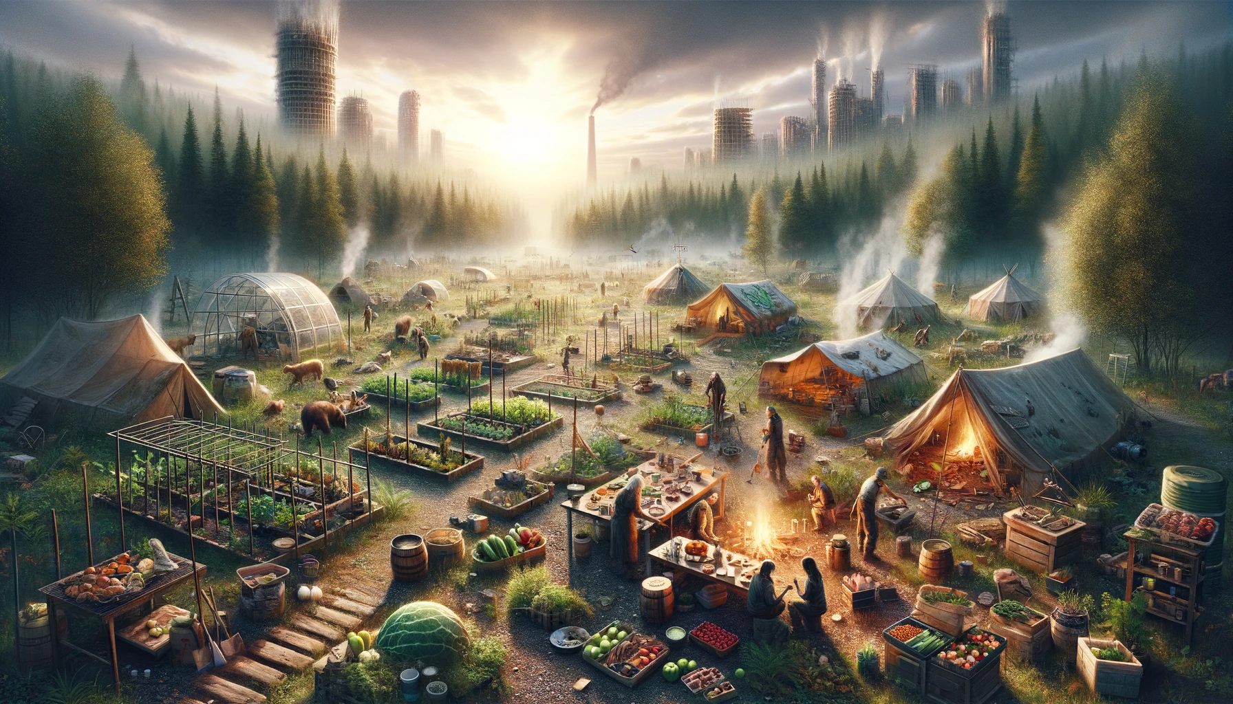 Expansive post-apocalyptic landscape with survivors implementing sustainable living, featuring gardening, foraging, hunting, and food preservation, symbolizing resilience and nutrition's critical role in long-term survival amidst regrowth of nature