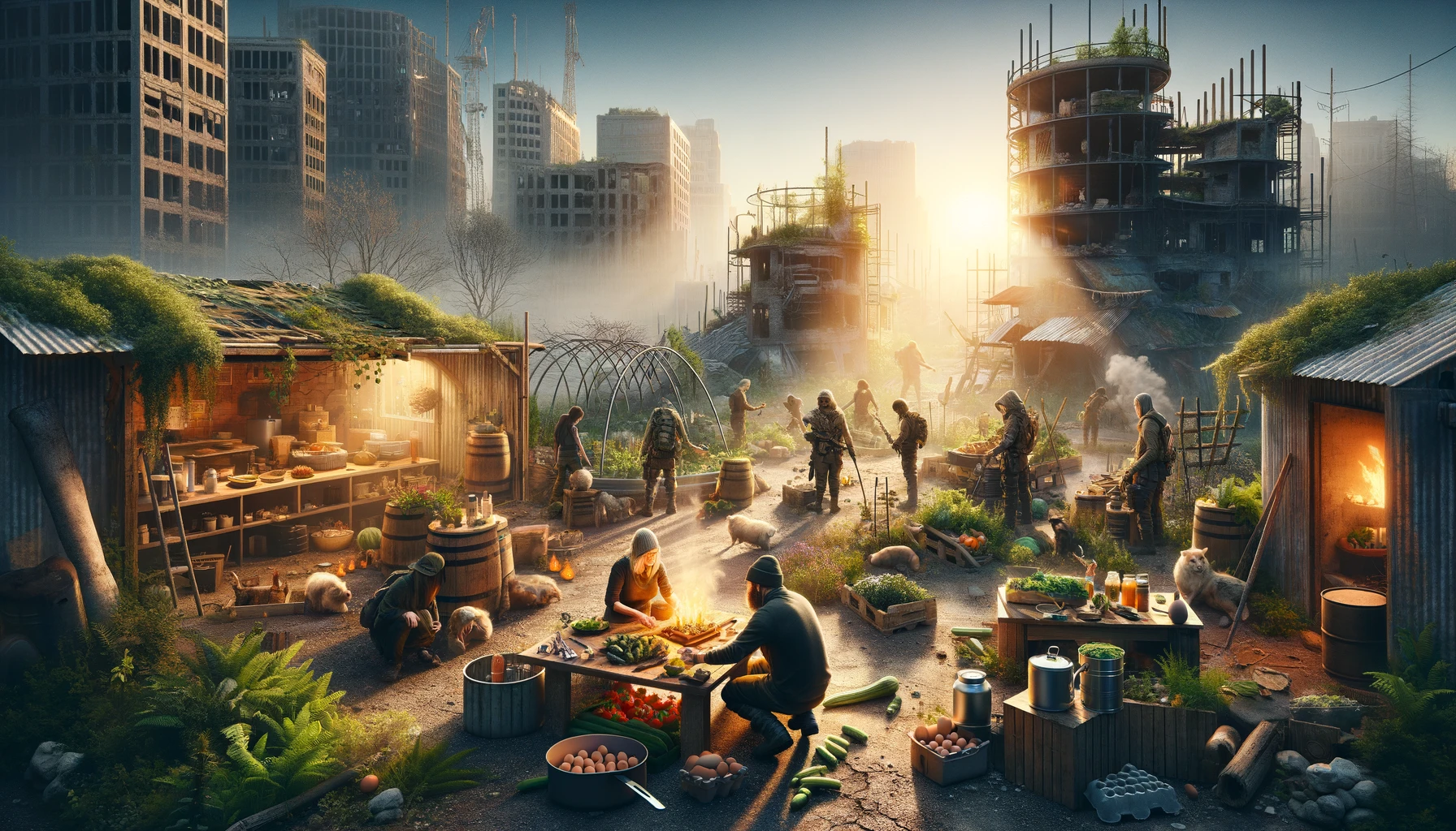 Post-apocalyptic urban survival garden with survivors preparing a balanced meal from harvested vegetables and small livestock, set against urban ruins at sunset, embodying hope, self-reliance, and innovative survival strategies