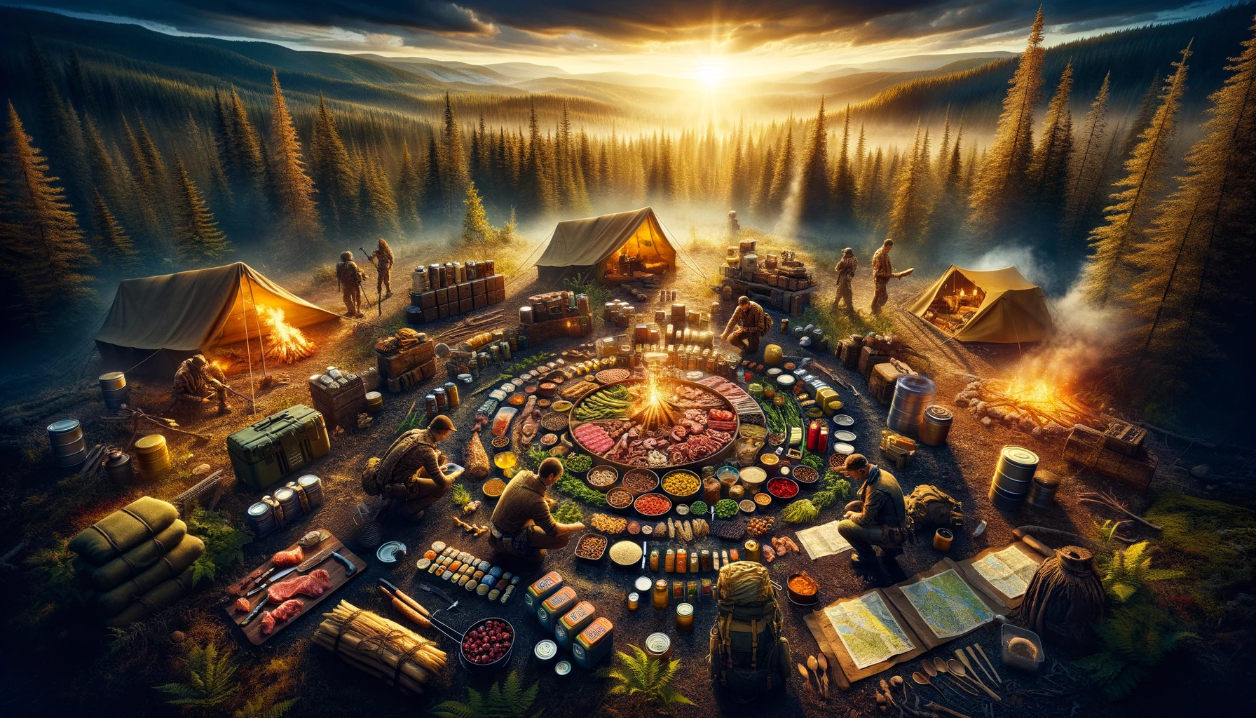 Dynamic survival camp scene with preppers engaged in dietary planning and survival tasks, showcasing essential foods and water purification, set during golden hour in a dense forest clearing, embodying preparedness and adaptability