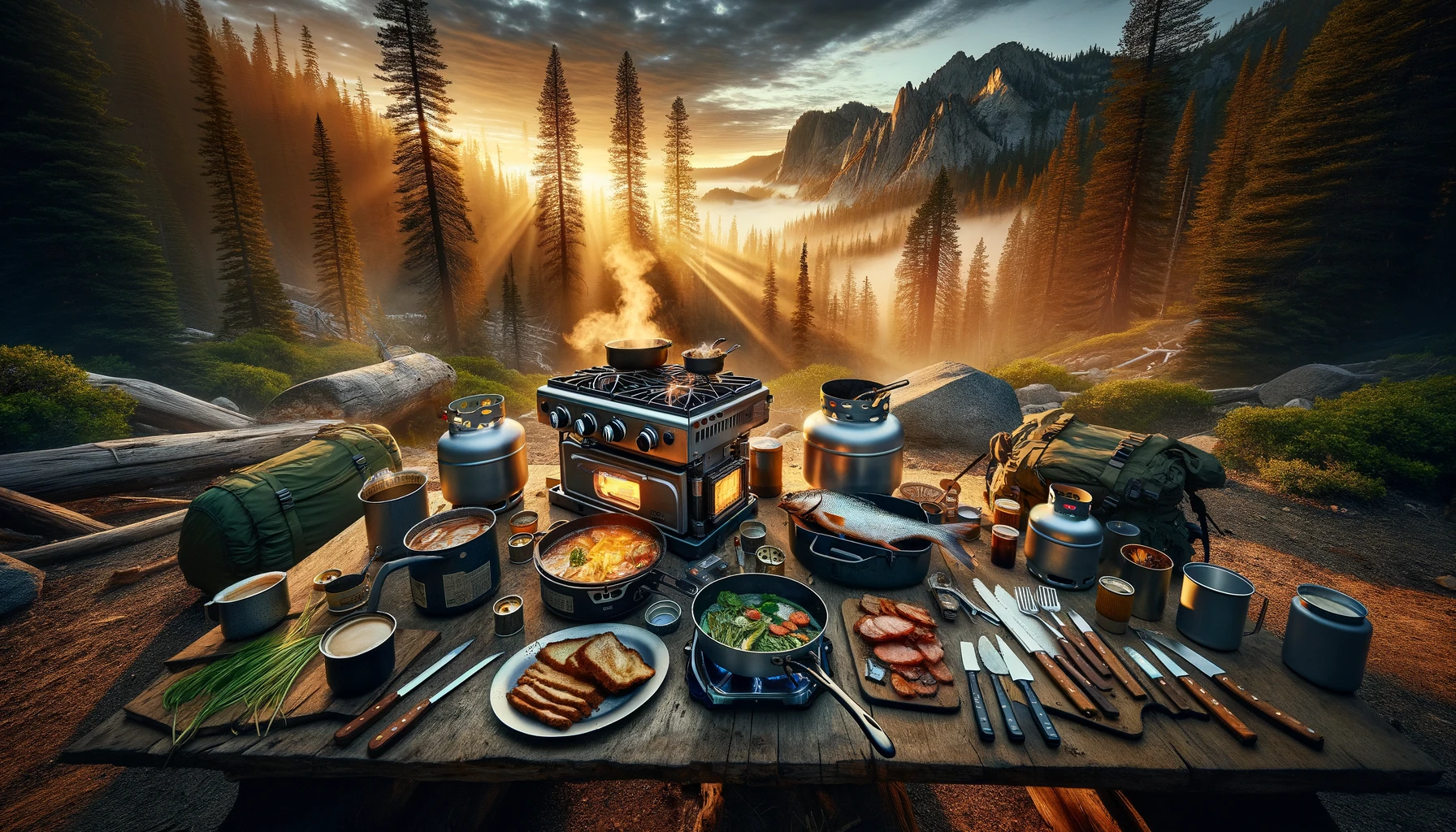 Adventurers gathered around a multi-burner propane stove in a rugged wilderness at dawn, showcasing off-grid cooking versatility with various meals being prepared, emphasizing the stove's reliability and the spirit of outdoor adventure