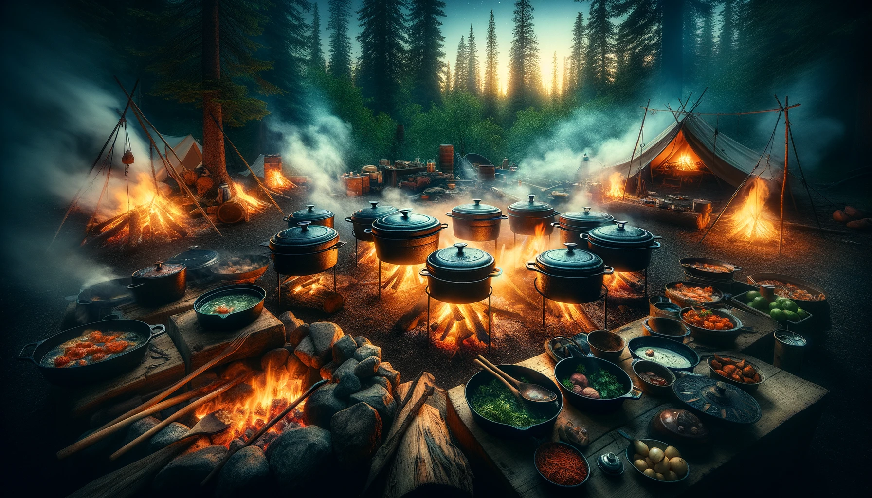 Serene forest campsite at twilight with a group preparing a feast using Dutch ovens over a campfire, highlighting the warmth of traditional outdoor cooking and the joy of communal meals in nature