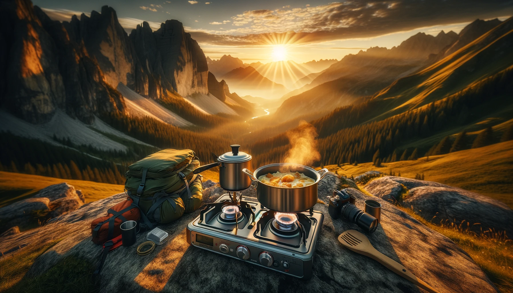 Breathtaking mountainous landscape at sunrise with a compact gas stove in use, highlighting the convenience of gas stoves for reliable off-grid meals, showcasing a solo traveler preparing breakfast in the wilderness