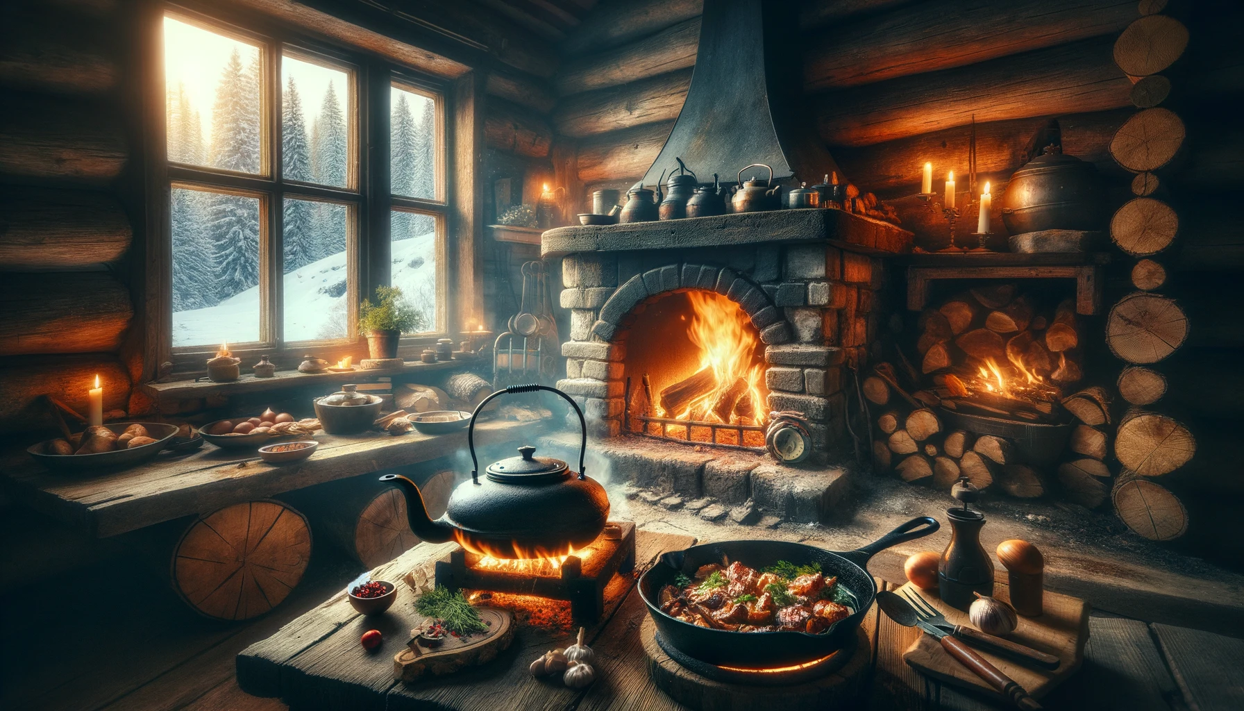 Cozy rustic cabin interior with a crackling wood fireplace cooking a hearty meal on a cast iron skillet, evoking warmth and nostalgia, surrounded by ingredients and a snowy landscape outside, illustrating the joy of traditional cooking