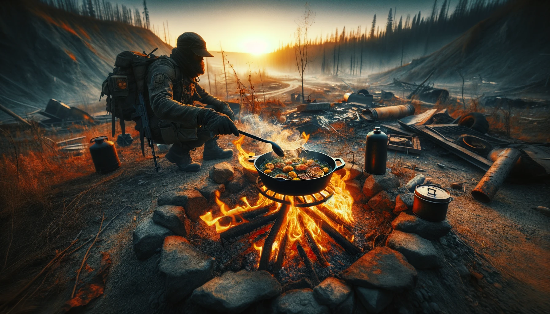 Post-apocalyptic wilderness scene with a heavy-duty cast iron skillet over an open flame, showcasing a prepper skillfully cooking a hearty meal amidst nature's regrowth and the remnants of civilization, under the soft golden light of dusk