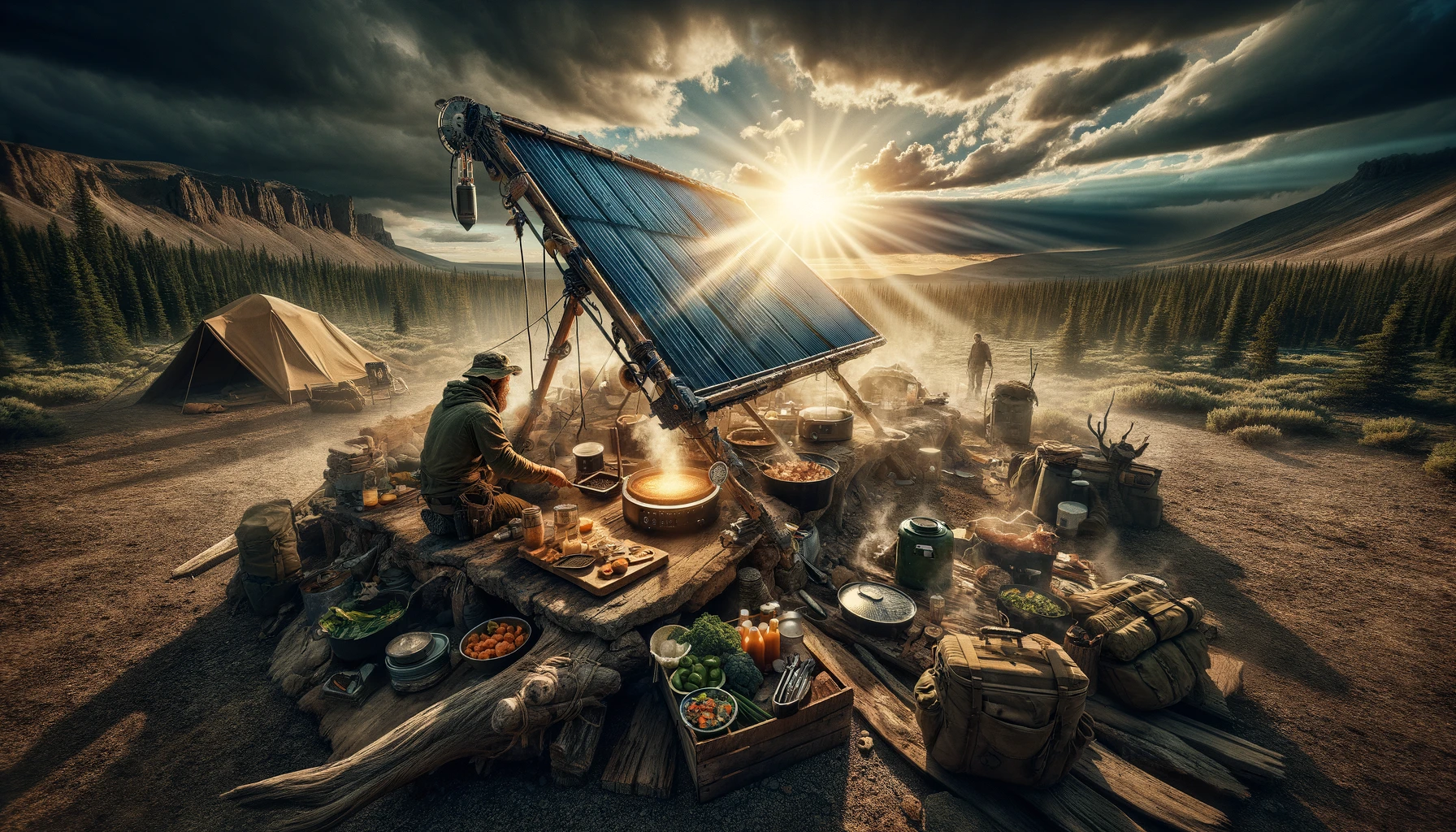 Expansive, desolate landscape with a DIY solar cooker made from repurposed materials, surrounded by survivors using homemade tools and foraged ingredients, under a dramatic sky, showcasing resilience, innovation, and community in survival cooking