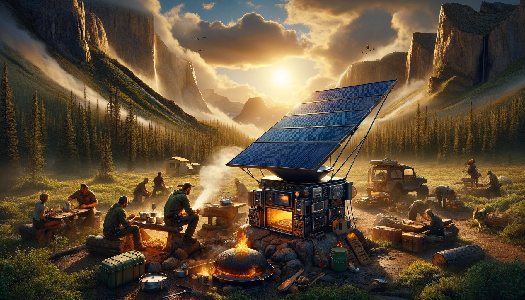 Remote wilderness scene with a group of preppers using a robust solar oven, crafted from sustainable materials, for off-grid cooking, highlighted by the golden light of the setting sun, demonstrating independence and resilience