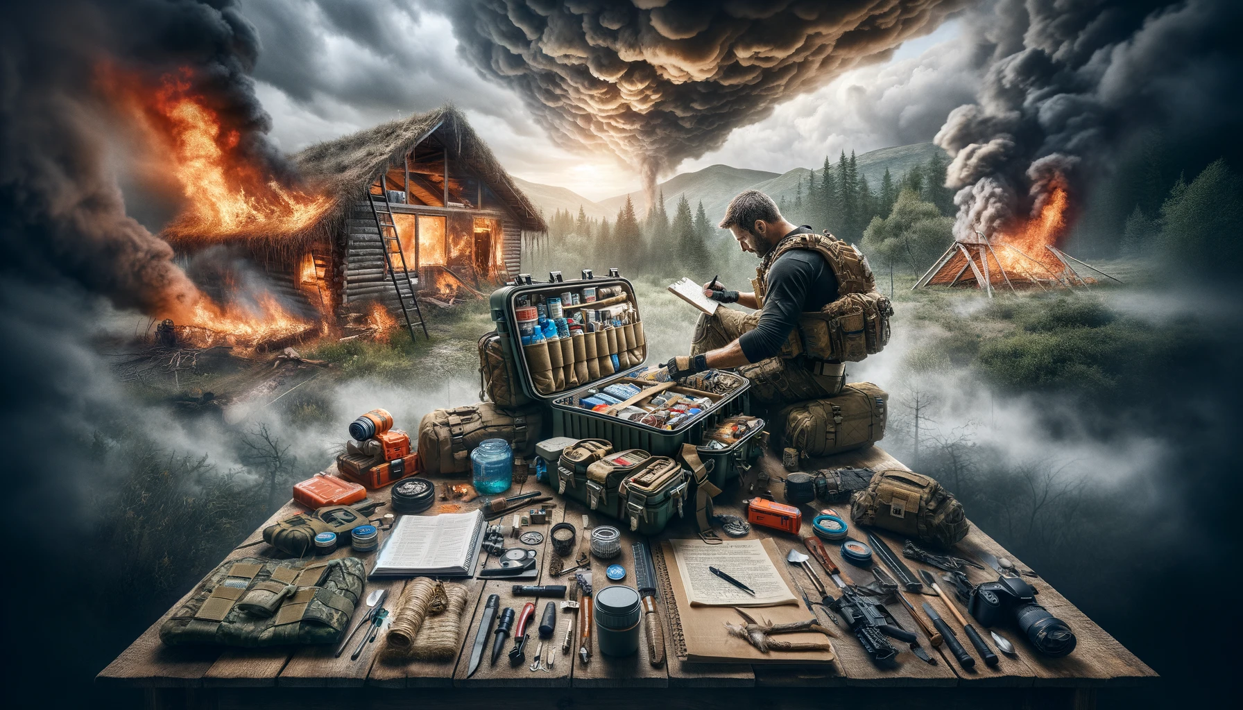 Powerful image showcasing the building of an emergency kit for preppers, set in a rugged outdoor environment with a focus on wilderness survival. Features an open emergency kit filled with essentials like water filters, fire starters, food packs, first aid, navigation tools, and communication devices. A prepper in tactical gear organizes the kit, surrounded by natural resources useful for survival, against a backdrop hinting at various emergencies like wildfires and storms, embodying the prepper spirit of readiness, resilience, and thriving in adversity