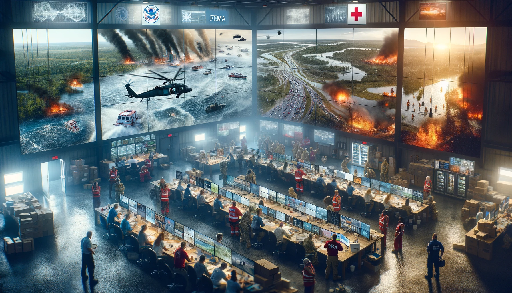 Impactful image illustrating FEMA and Red Cross roles in disaster response, with FEMA officials in a high-tech command center and Red Cross volunteers providing aid on the ground. The split-scene shows urban and rural disaster relief, featuring rescue operations for floods, wildfires, and earthquakes. The backdrop of diverse communities uniting in recovery embodies hope and resilience, celebrating the critical, far-reaching efforts of FEMA and the Red Cross in times of crisis