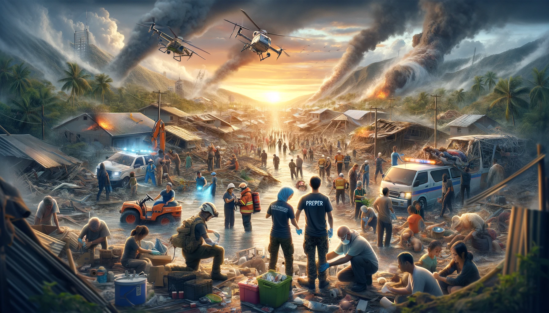 Powerful depiction of disaster recovery and assistance, showing volunteers and professionals from various groups engaged in post-disaster efforts, like clearing debris and rebuilding homes, with community members sharing resources. The scene uses advanced technology, such as drones for assessment and construction equipment for rebuilding, set against the aftermath of hurricanes and earthquakes. The image radiates hope and resilience, celebrating the collective spirit of communities and the critical role of preparedness and technology in overcoming adversity