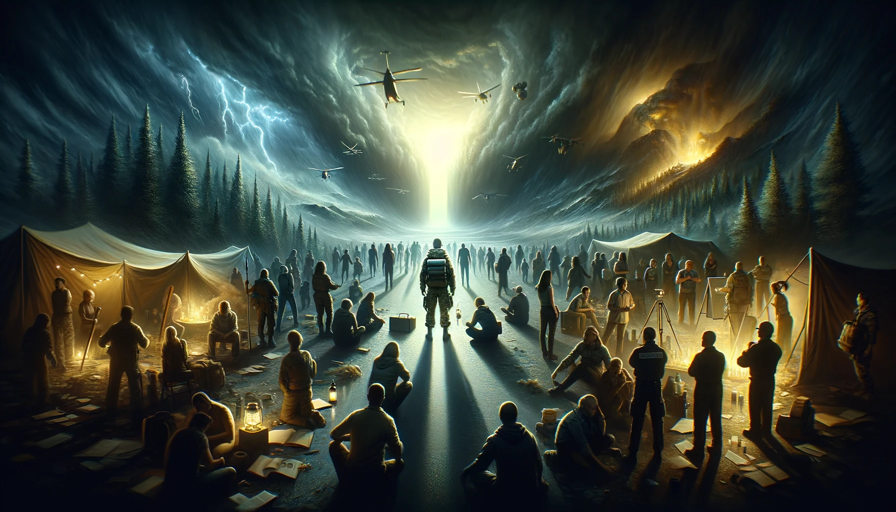 Evocative image depicting the essence of mental strength and resilience in crisis, featuring individuals and groups demonstrating determination across various survival scenarios. Includes visual metaphors like standing strong against harsh winds and finding paths towards light in darkness, scenes of community support, mindfulness practices, and mental preparedness training. Emphasizes hope, empowerment, and the indomitable human spirit, underscoring mental fortitude as a cornerstone of overcoming adversity and thriving in crisis situations, designed to inspire the prepper community