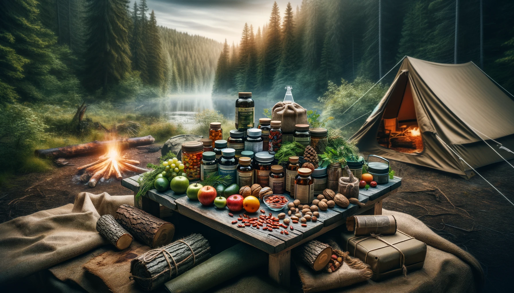 Engaging outdoor survival camp scene with essential vitamins and supplements on a wooden table, surrounded by natural food sources and survival gear, set in a dense forest with a tent and campfire, highlighting health and vitality in wilderness survival