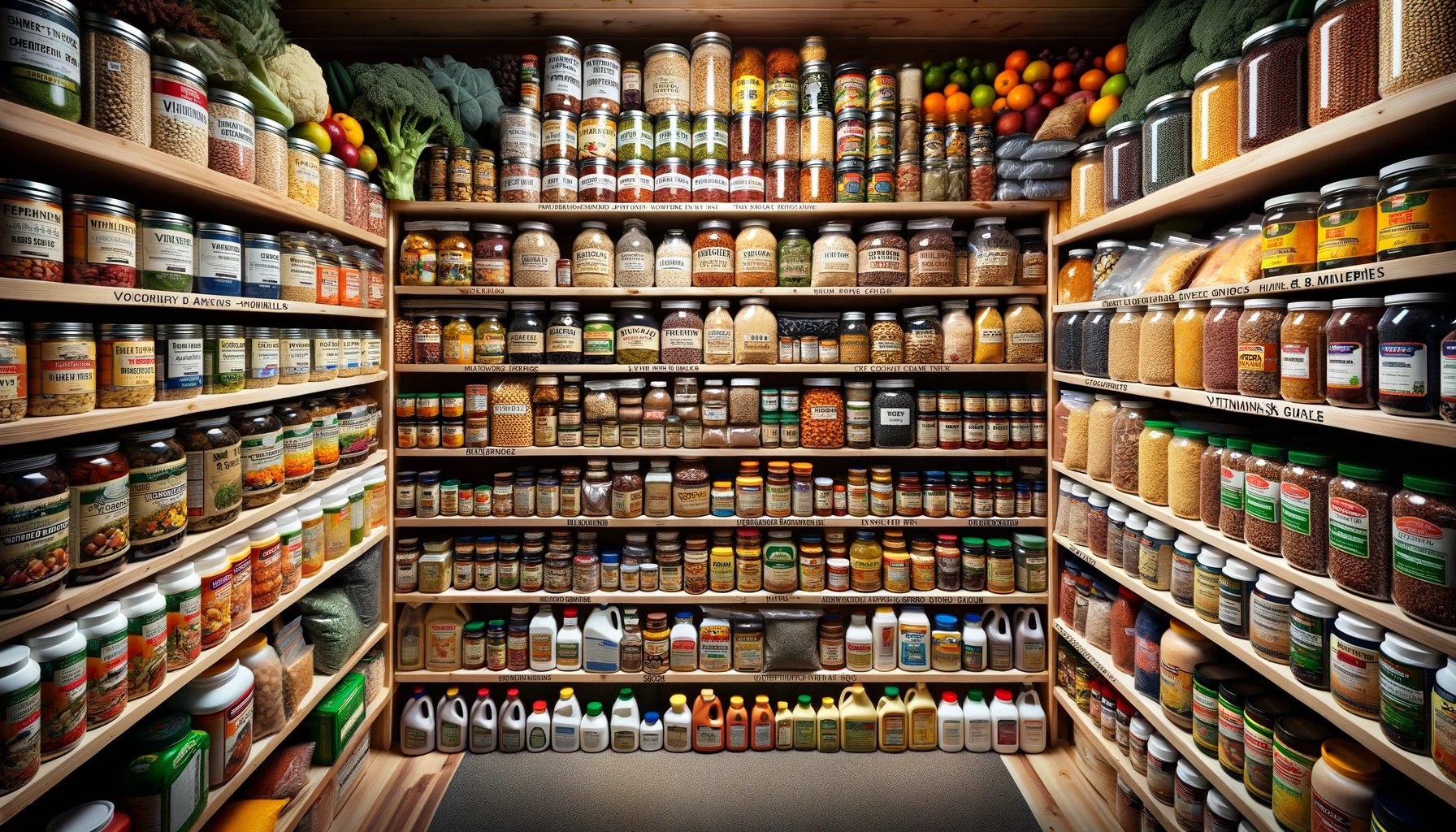Expansive prepper's pantry showcasing long-term food storage with integrated vitamins and minerals among canned goods, dehydrated foods, grains, and legumes, featuring vacuum-sealed bags of dried fruits and vegetables, embodying a strategic approach to nutrition and preparedness
