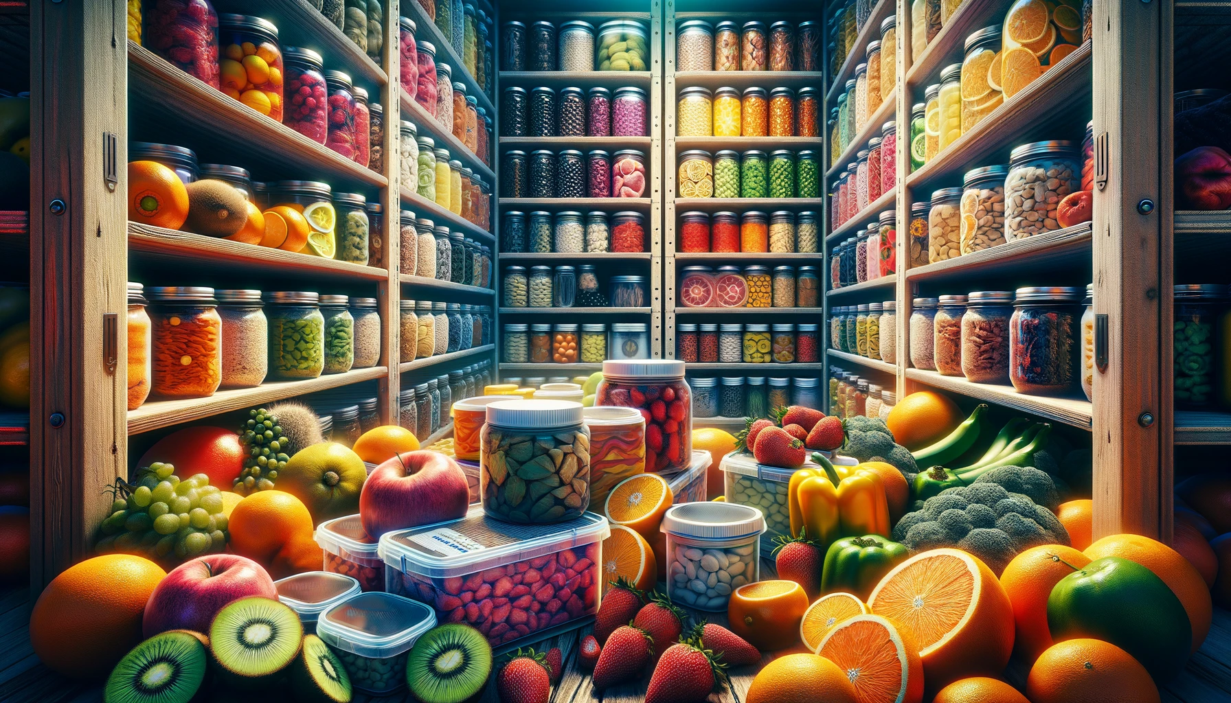 Enhanced prepper's storeroom dedicated to Vitamin C-rich emergency foods, featuring an array of citrus fruits, strawberries, kiwi, and bell peppers preserved by freeze-drying and vacuum sealing, with prominent Vitamin C supplements, all organized in color-coded sections for optimal nutritional preparedness in survival situations