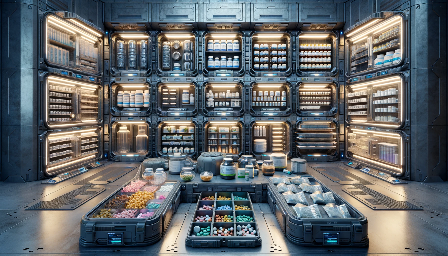 Ultra-detailed visualization of supplement forms in a futuristic prepper’s storage, with zones for tablets, capsules, powders, and liquids featuring advanced preservation technologies like vacuum-sealed containers and climate-controlled solutions, emphasizing ultimate preparedness and the importance of nutrition in survival