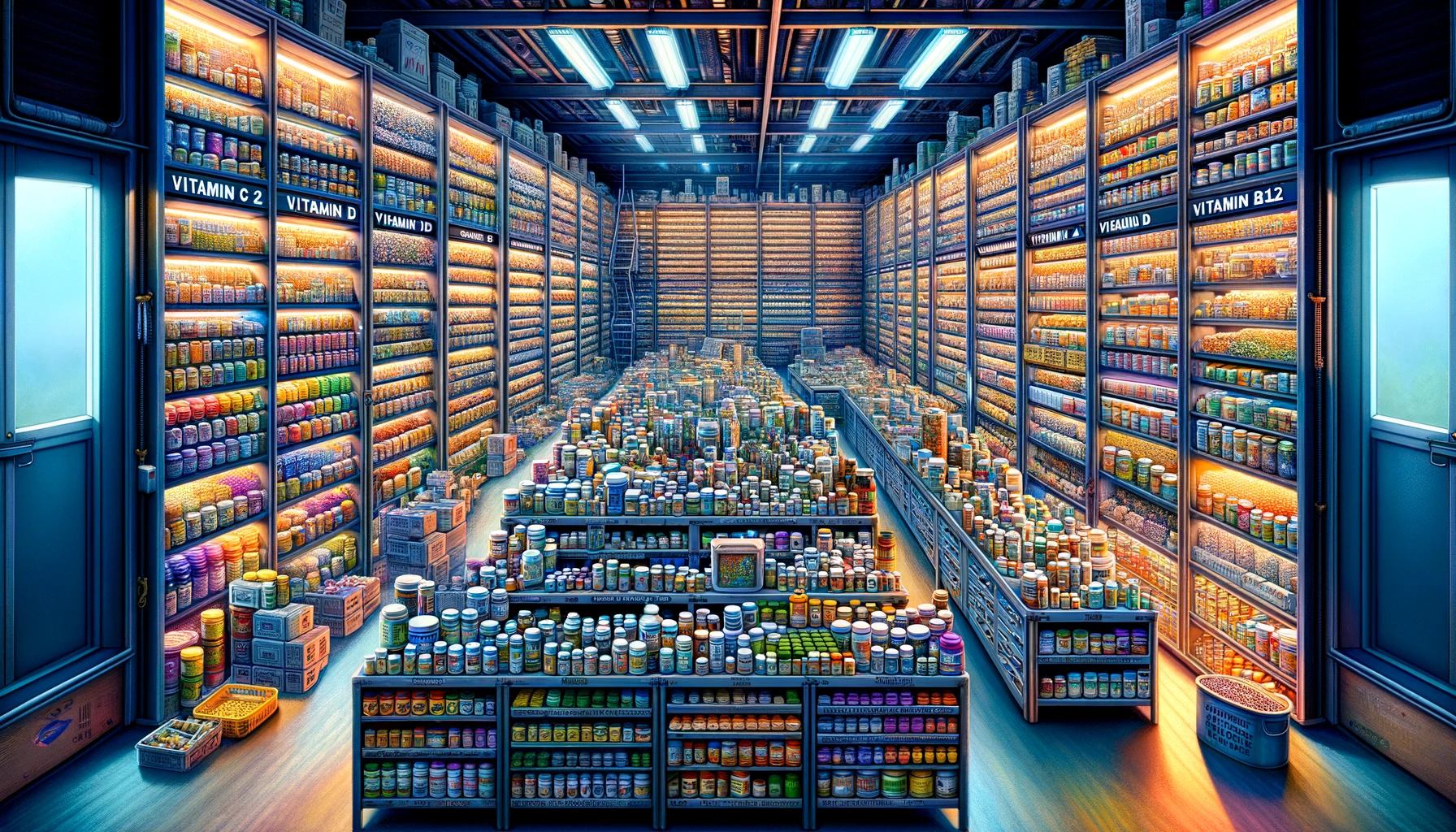 Extensive prepper's storage facility showcasing essential vitamins for emergency readiness, divided into sections for key vitamins like C, D, B12, with natural sources and supplements, labeled by symbols, featuring advanced storage solutions, embodying strategic selection and preservation for survival