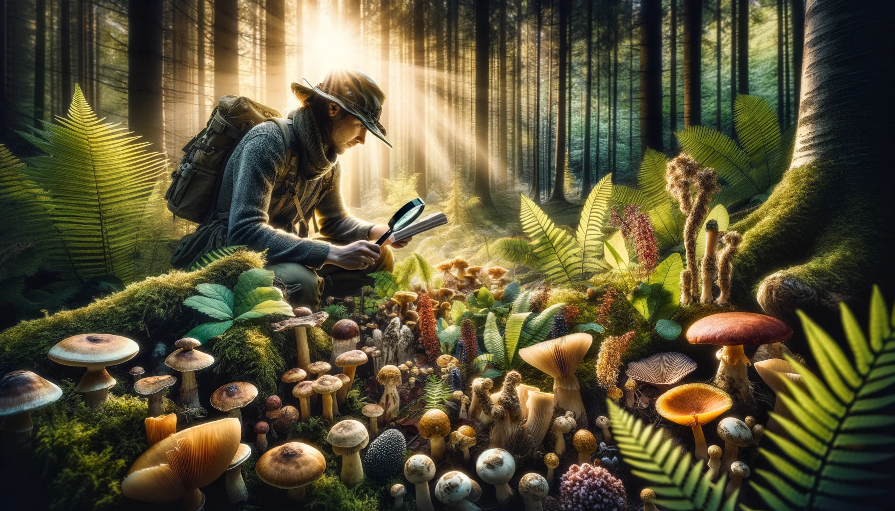 Expert forager identifying edible wild plants and mushrooms in a diverse woodland, equipped with a magnifying glass and a field guide, amidst a rich array of vibrant flora and fungi under the sunlight filtering through the trees, capturing the essence of wilderness survival and the joy of discovery