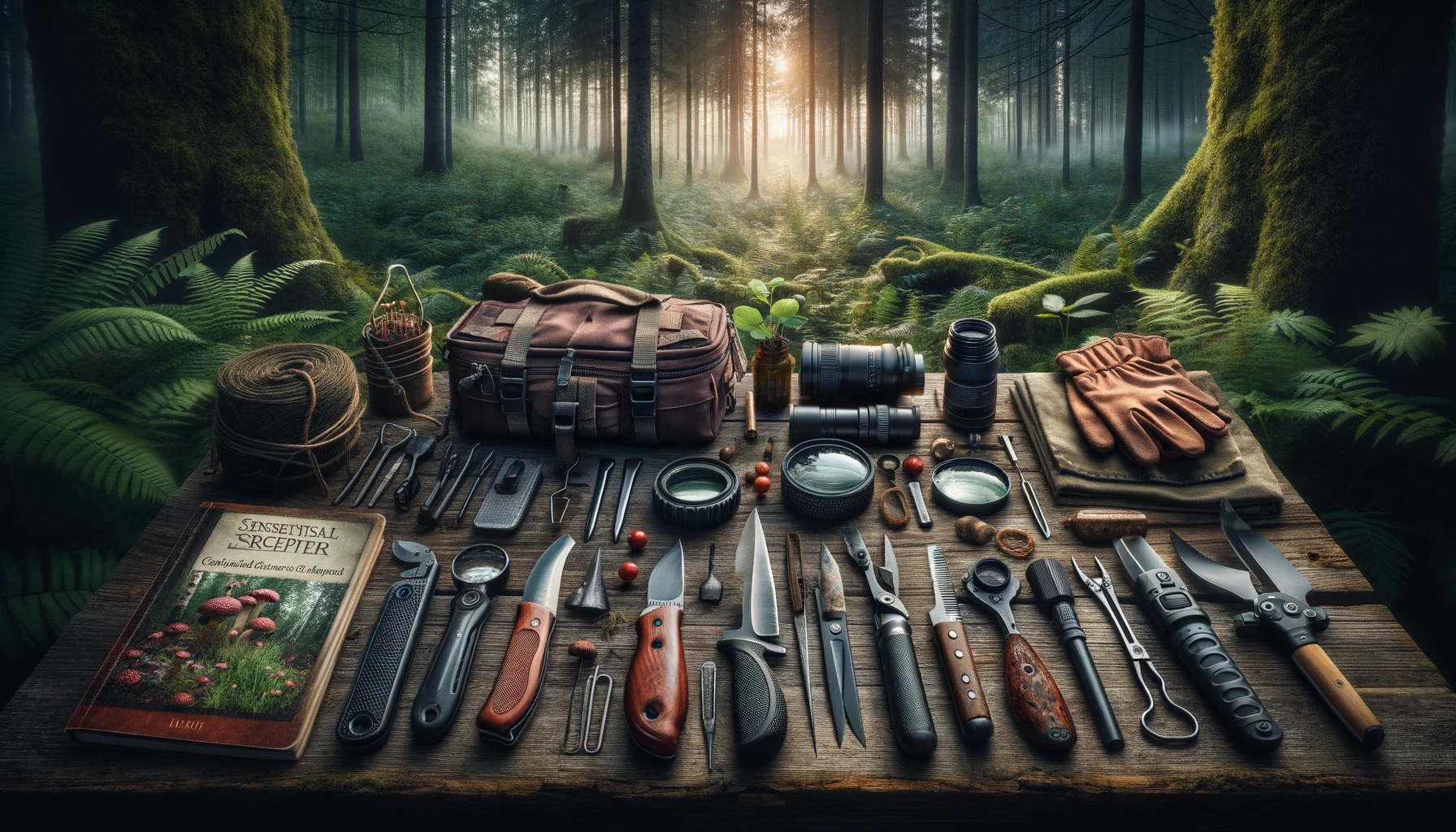 Essential foraging tools, including a durable knife, bag, gloves, trowel, pruning shear, magnifying glass, and field guide, organized on a rustic wooden surface with a lush forest backdrop, highlighting the adventure and readiness of foragers with natural lighting enhancing tool textures