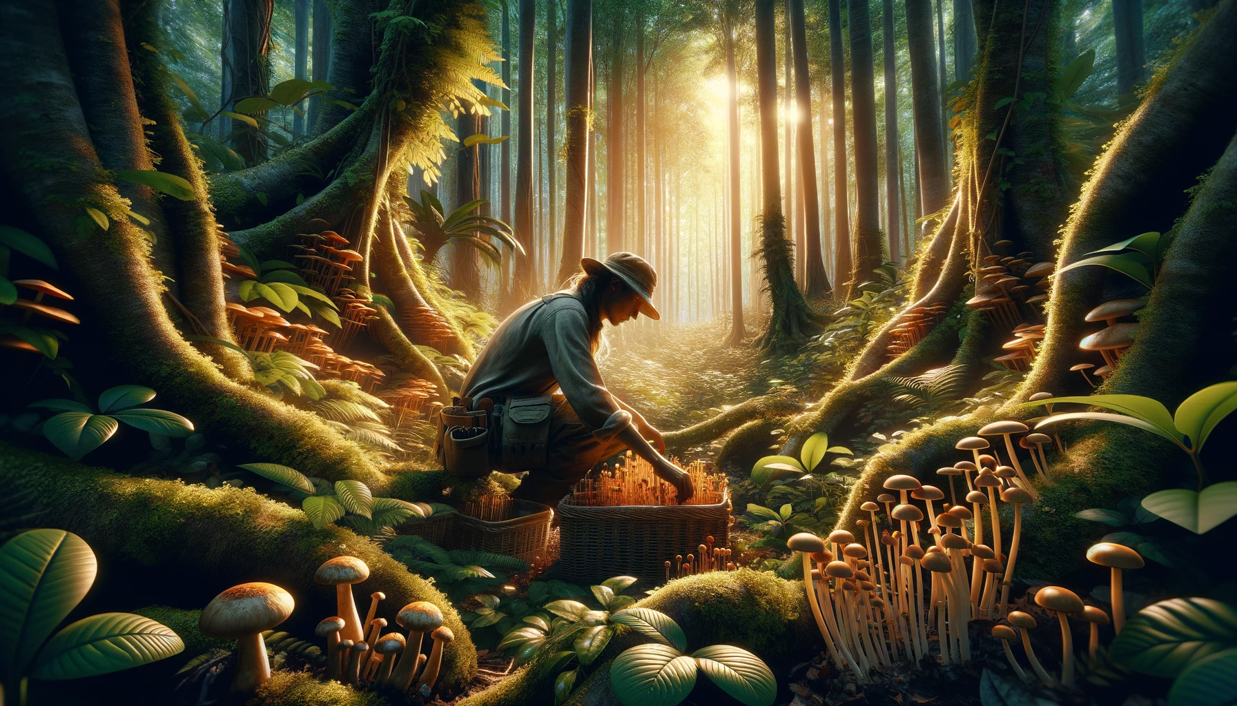 Advanced sustainable harvesting in a thriving forest, depicting a forager using selective harvesting and biodegradable materials among diverse plant life, showcasing respectful interaction with the ecosystem under warm, inviting light, symbolizing the bond between humans and earth