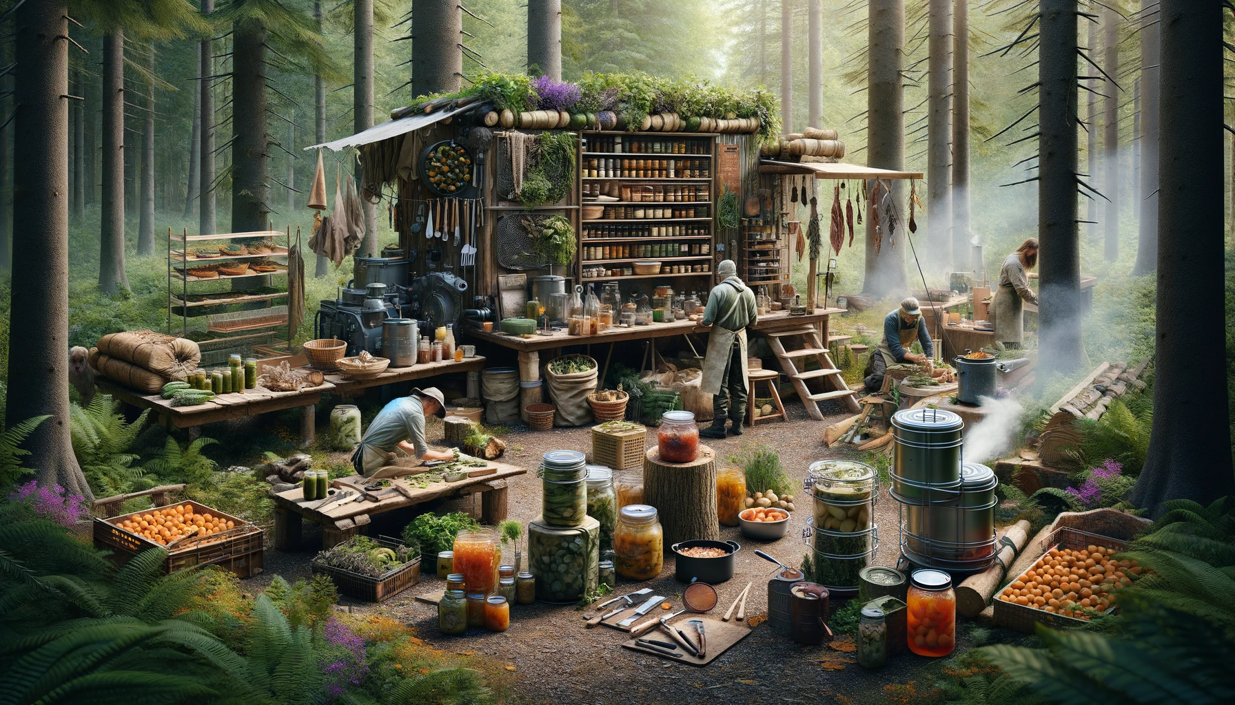 Outdoor makeshift kitchen scene in a forest clearing, where preppers are preparing and preserving foraged finds, showcasing activities like cleaning, chopping, drying, canning, and vacuum-sealing, with a wood-fired stove and solar dehydrators, embodying self-sufficiency and sustainability