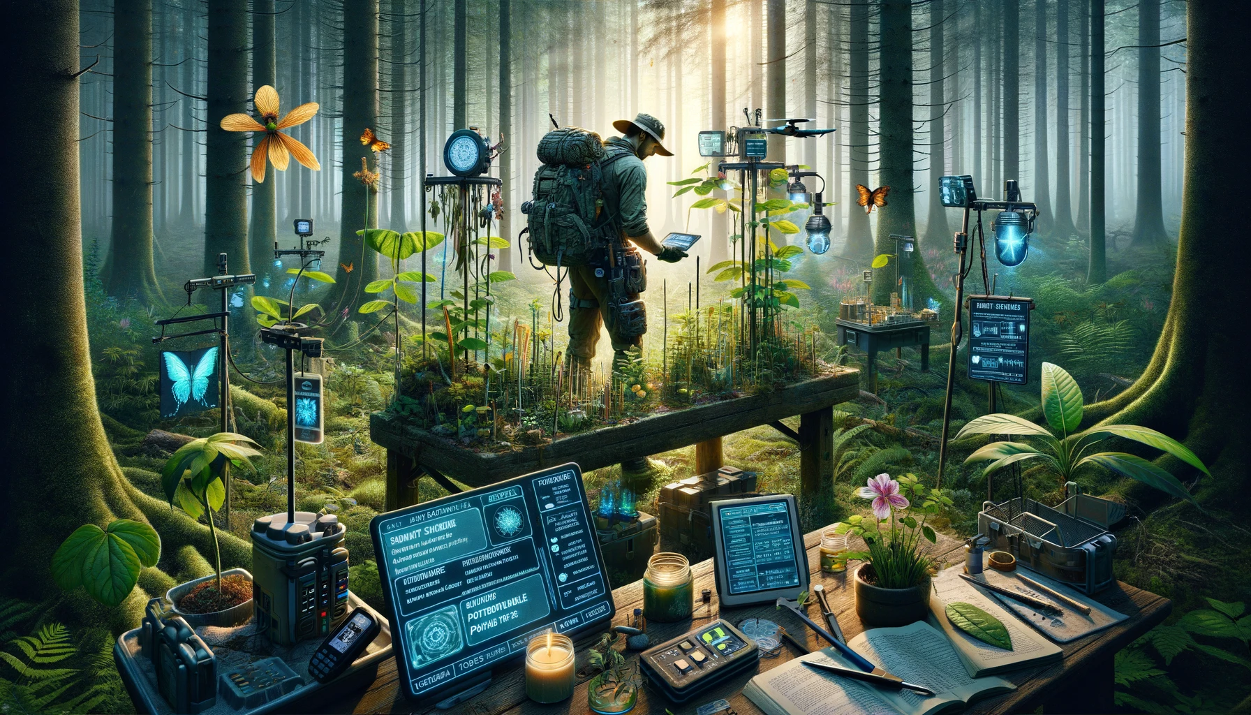 Dynamic foraging scene in a dense forest with a prepper using advanced tools and tech for plant identification, including a high-tech wearable device and solar-powered interactive signs, alongside a portable lab for testing edibility, highlighting innovation and safety