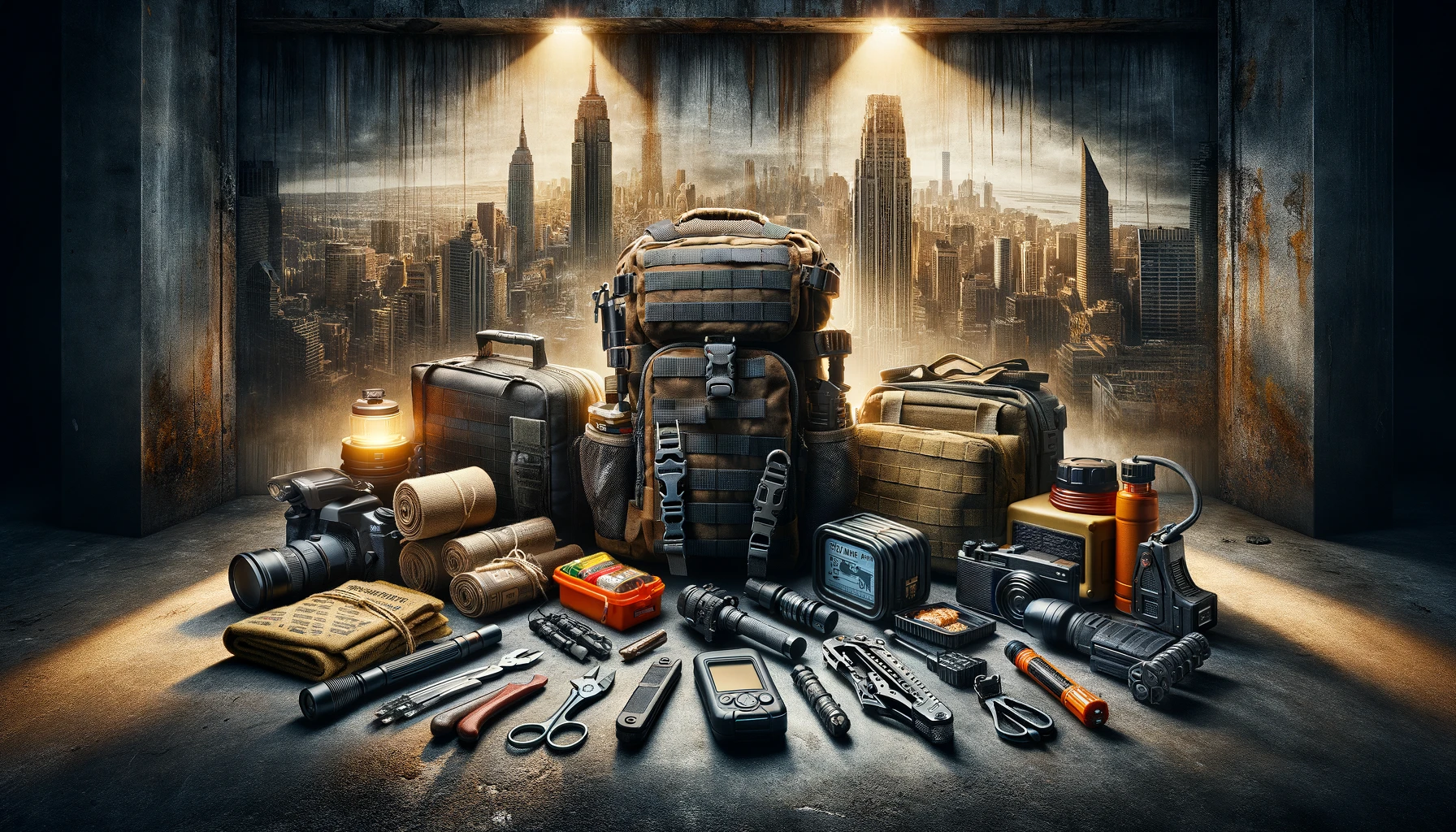 Essential urban survival kit items dramatically arranged on a gritty, urban-themed backdrop, highlighting a durable backpack, multitool, first-aid kit, water purifier, food rations, solar flashlight, and radio, emphasizing readiness for urban survival