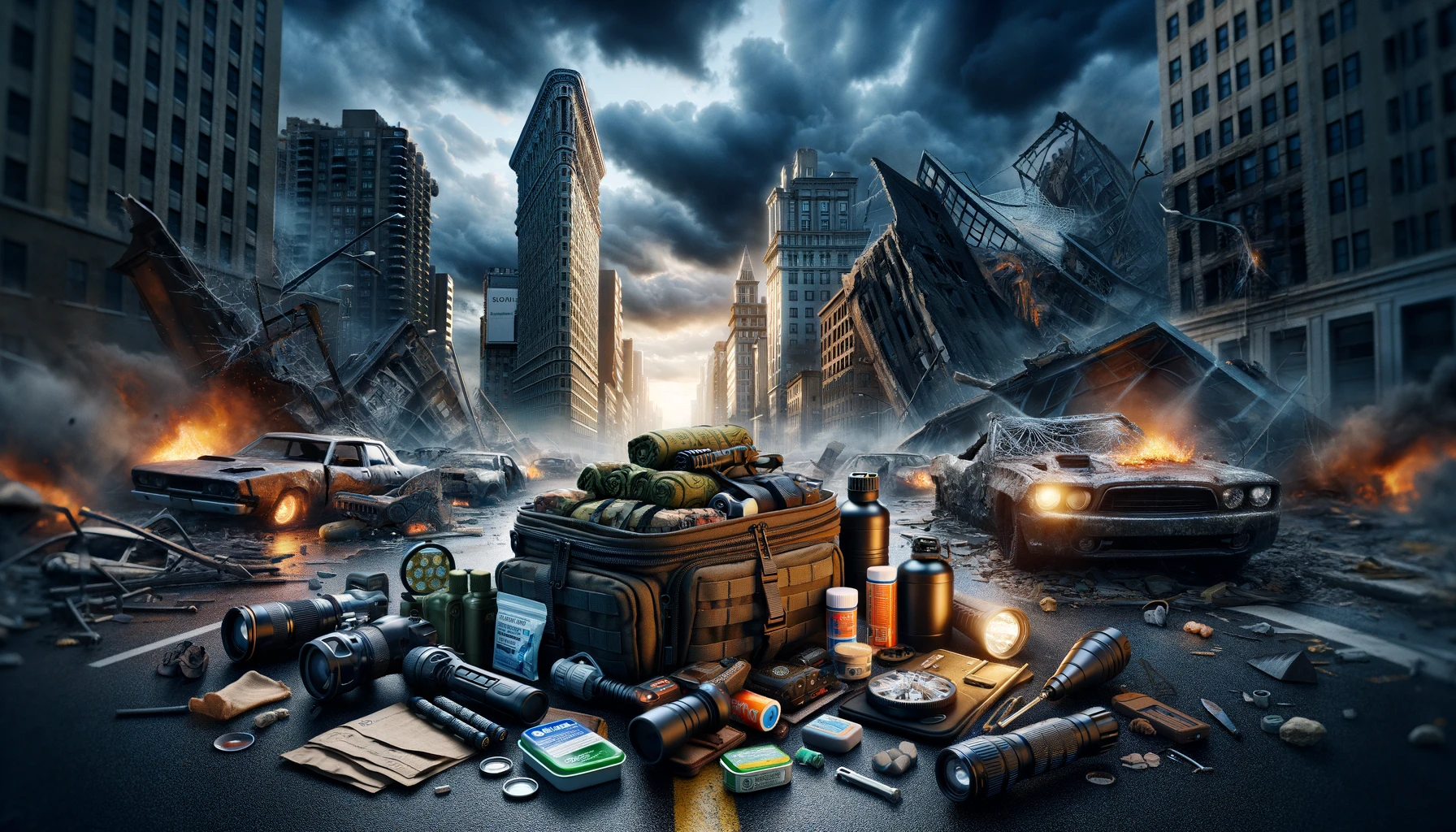 Enhanced urban survival scene with a detailed survival kit including high-tech water filtration, survival rations, emergency radio, and tactical flashlight, amidst a post-apocalyptic city with shattered buildings and flickering lights under a stormy dusk sky, emphasizing the gravity of urban survival preparedness