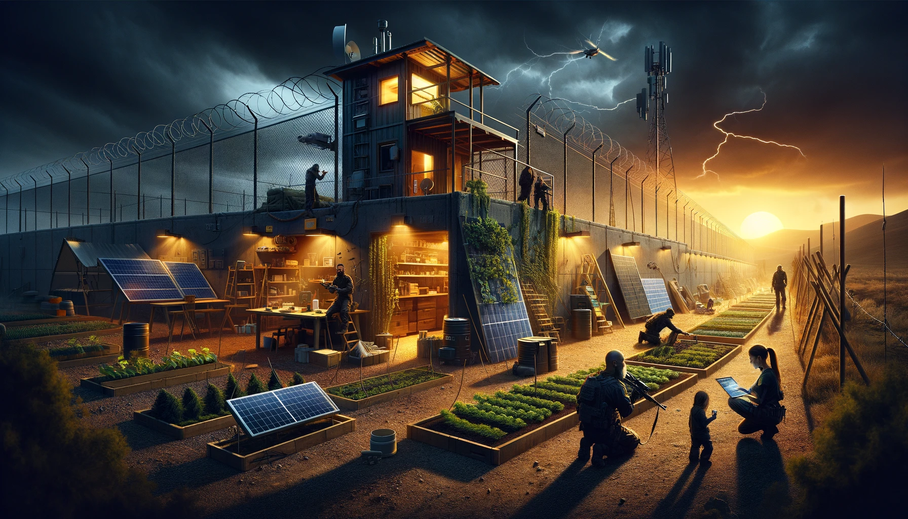 A family strengthens their fortified compound at dusk, focusing on sustainability and self-sufficiency with solar panels and a permaculture garden, symbolizing unity and preparedness for any scenario