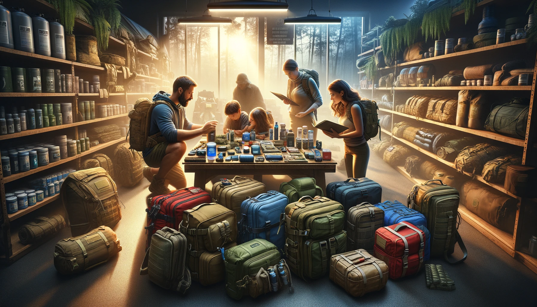 A family consults with a store employee while examining various bug out bags filled with essential survival items in an outdoor equipment store, highlighting the importance of tailored preparedness