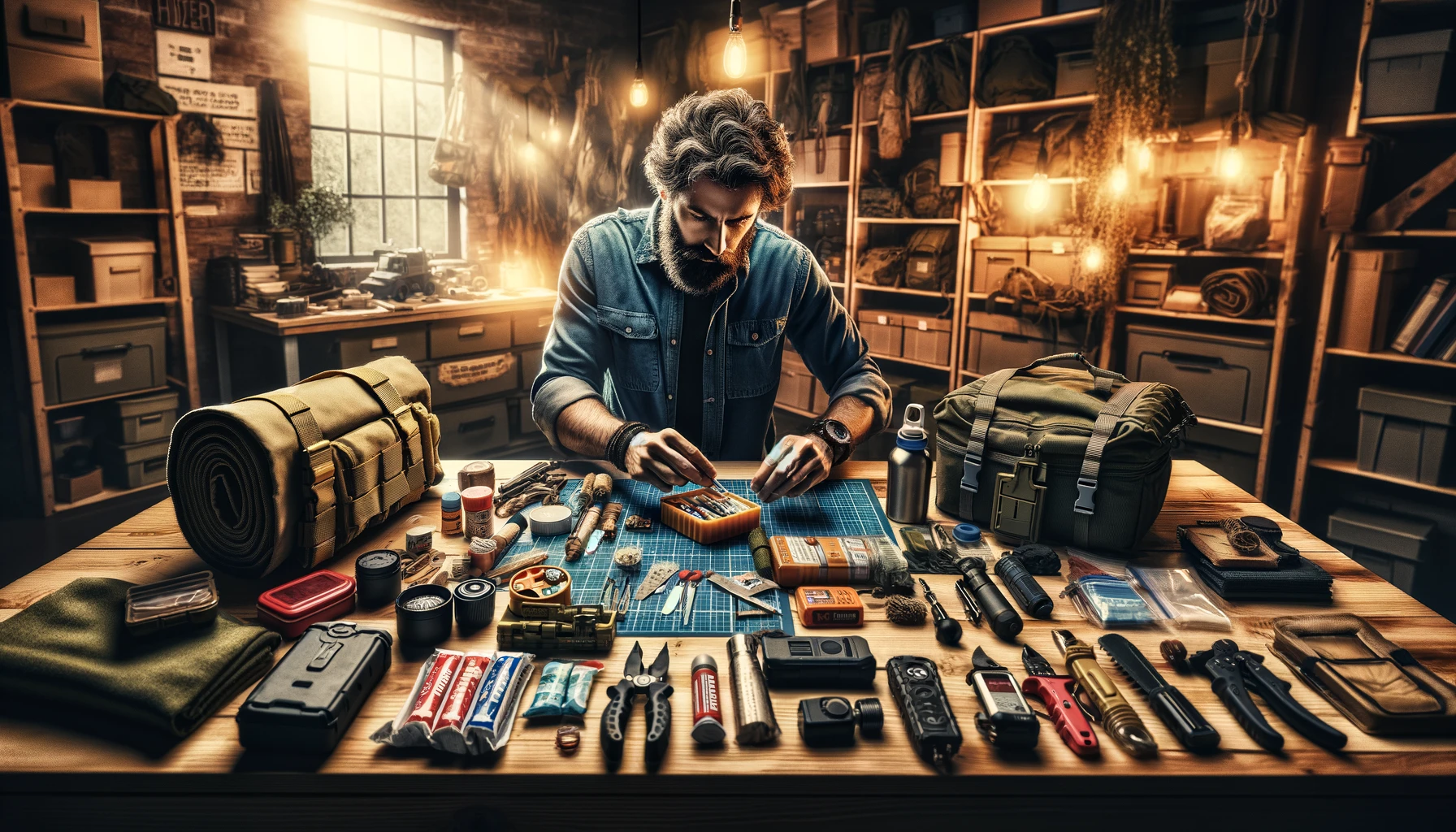 A survival expert in a workshop meticulously assembles a comprehensive bug out bag with essential survival items, demonstrating thoughtful preparation and expertise