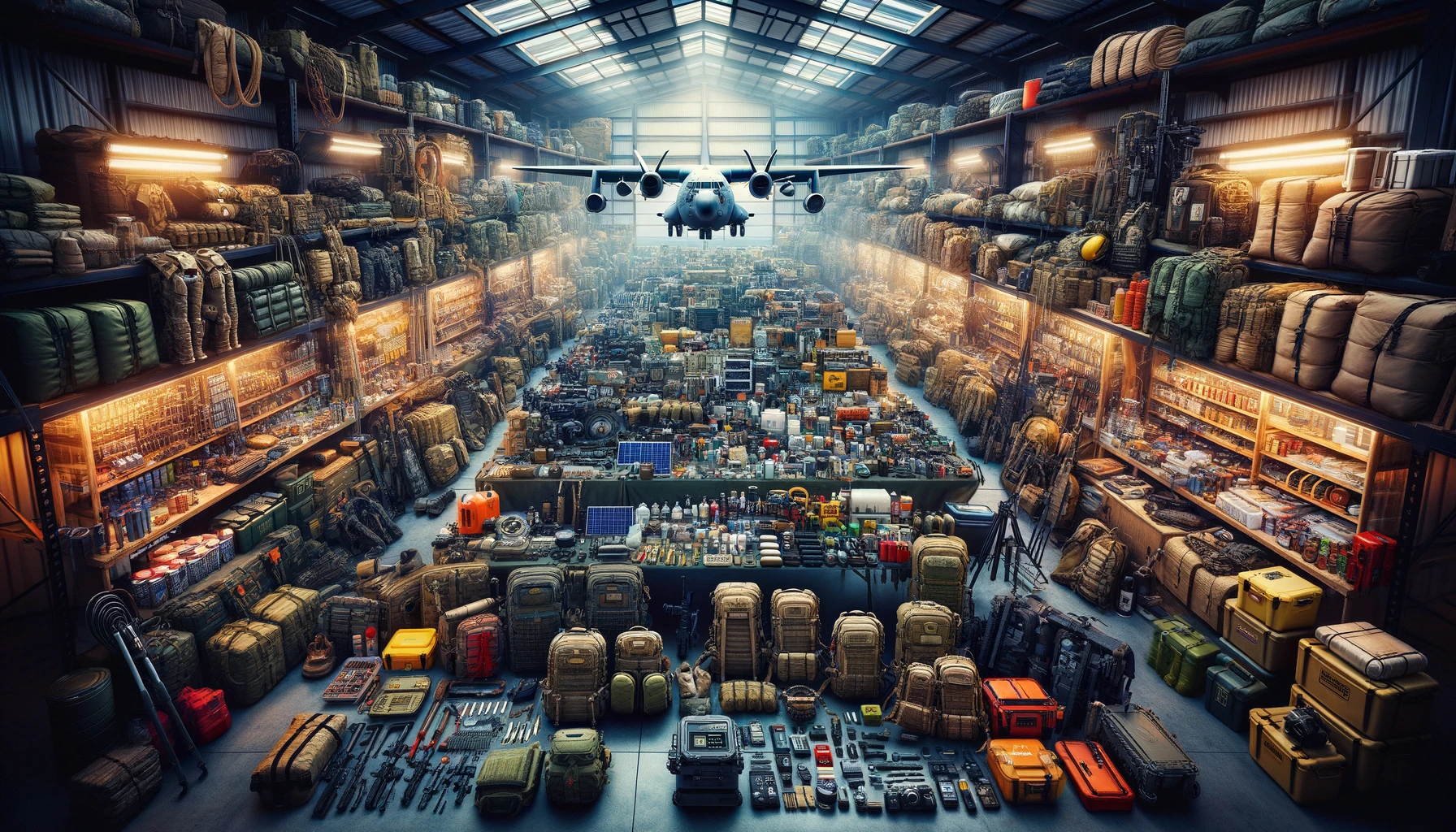Epic display of a comprehensive prepper's arsenal in a secure warehouse, featuring an organized array of survival gear, tactical equipment, backpacks ready for various scenarios, non-perishable food supplies, water purification systems, extensive medical supplies, communication devices, and power generation tools, highlighting meticulous organization and the pursuit of ultimate preparedness and self-sufficiency