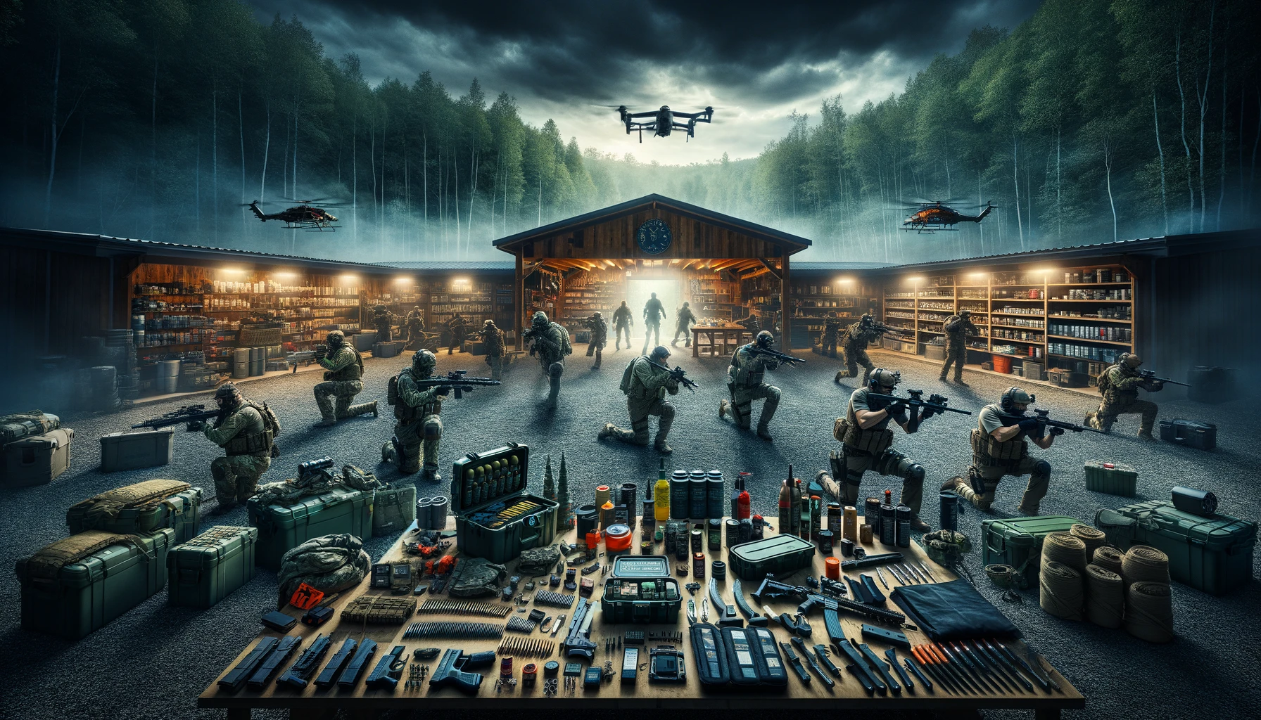 Intense tactical training scene in a forested facility, with preppers engaged in hand-to-hand combat, firearms marksmanship, and survival drills. The background showcases an advanced stockpile of ammunition, tactical gear, non-perishable foods, and medical kits, emphasizing readiness, focus, and the use of technology like night vision goggles and drones for modern prepping practices
