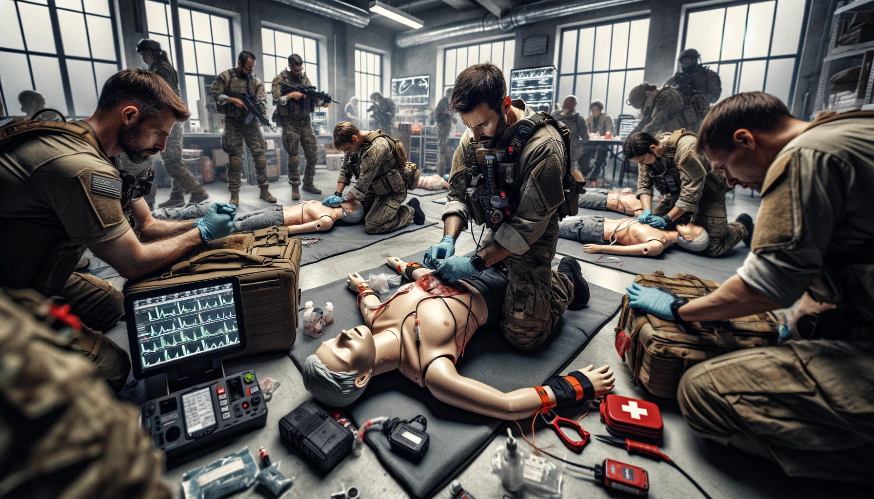 Realistic emergency response training scene with preppers practicing advanced first aid techniques, including CPR, applying tourniquets, and emergency medication administration. Intense focus is evident as instructors provide guidance amidst a backdrop of defibrillators, trauma bags, and medical kits, highlighting the critical importance of preparedness and advanced medical skills in saving lives during emergencies
