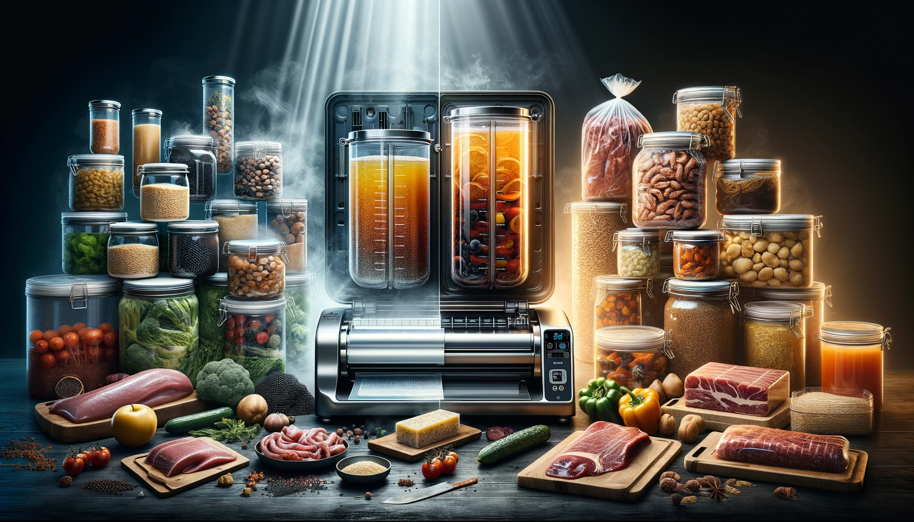 Best practices for using a vacuum sealer in prepping, showcasing a split scene with liquids being sealed in a specialized container on the left, and solid foods like meats, vegetables, and grains perfectly vacuum-sealed on the right. The background highlights a variety of long-term storage solutions, emphasizing the vacuum sealer's versatility for preppers