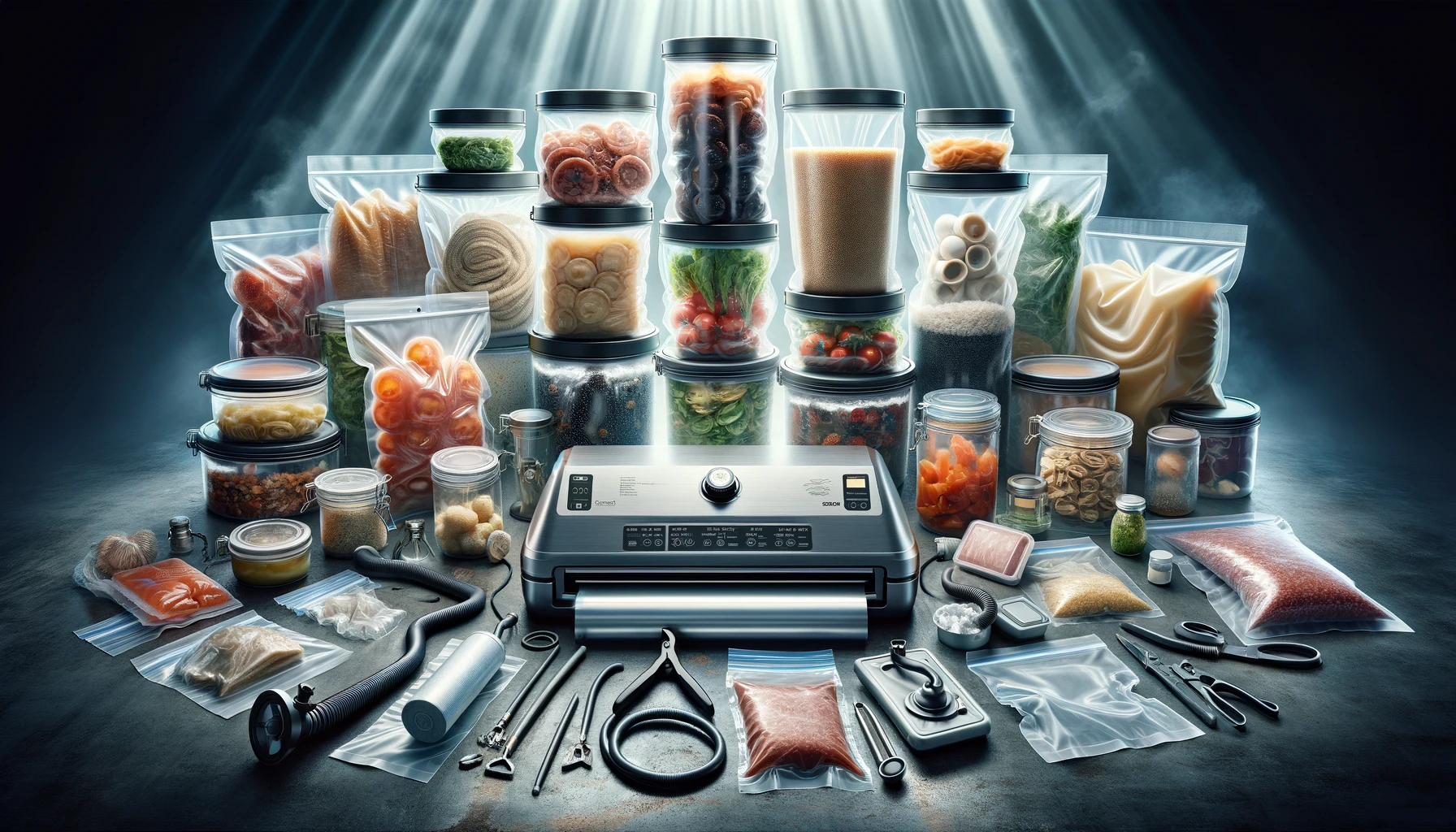 Dynamic display of essential vacuum sealer accessories for preppers, including various bags, specialized containers, attachment hoses, and oxygen absorbers, all arranged around a vacuum sealer to showcase their role in enhancing the food preservation process. The scene emphasizes practicality and efficiency, with each accessory lit to capture attention and detail