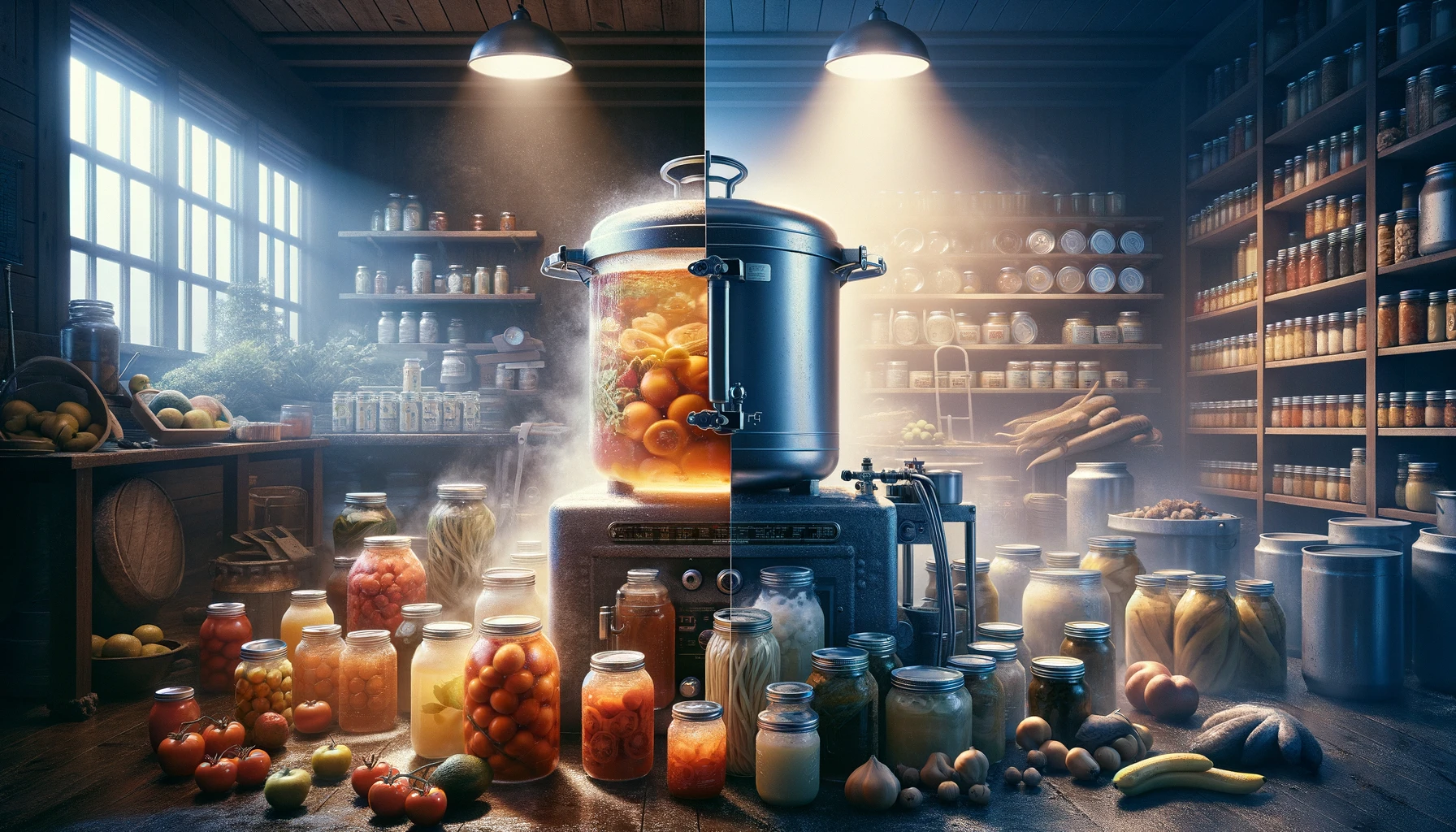 Engaging comparison between water bath canning and pressure canning for preppers, featuring jars in a boiling water bath on the left for high-acid foods and a robust pressure canner on the right for low-acid foods like meats and vegetables. The scene vividly illustrates the methods' differences and benefits, with shelves of preserved goods in the background, emphasizing the diversity and effectiveness of each canning technique