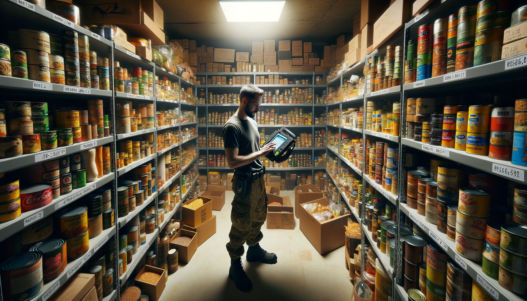 A prepper in gear efficiently manages a food rotation system in a large-scale, meticulously organized pantry room, filled with shelves of non-perishable food items, using a handheld device to scan items for optimal sustainability and readiness