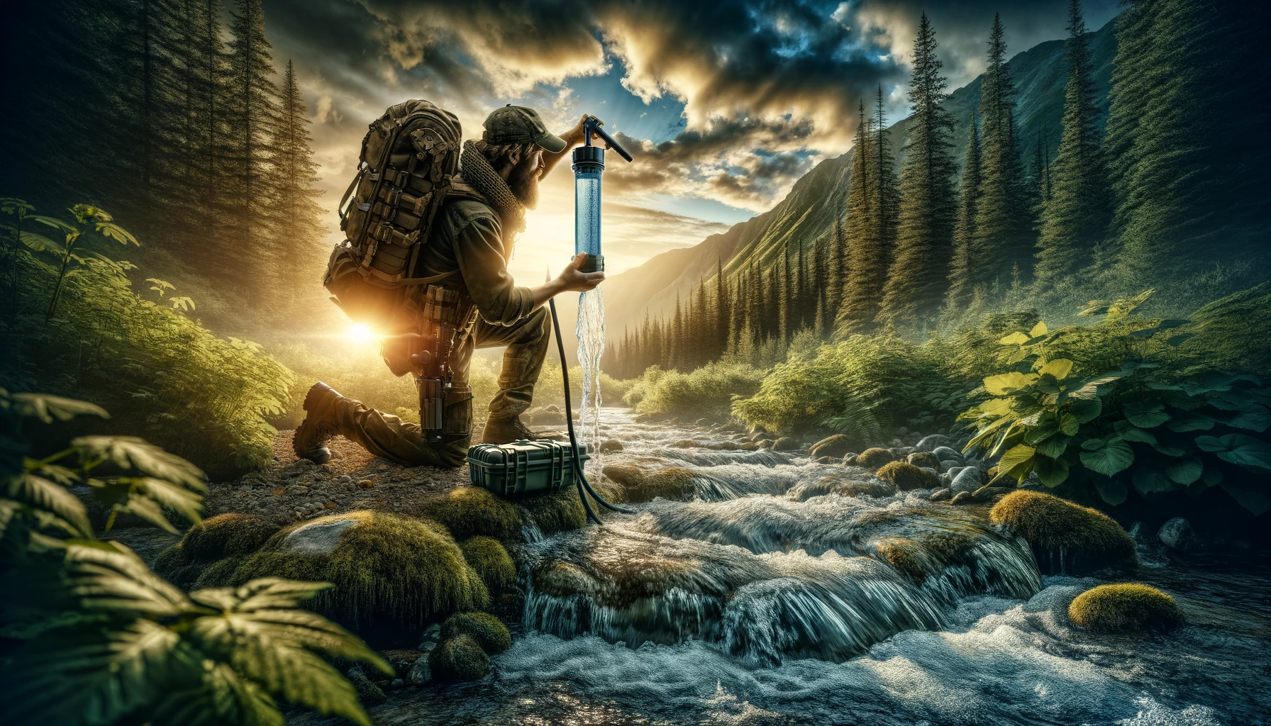 A rugged individual purifies water using a high-tech portable filter at a stream in a dense forest at sunset, highlighting the importance of water filtration for survival